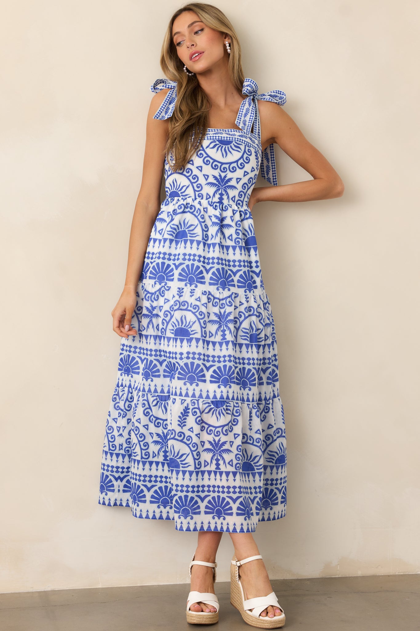 Afternoon Sips Cotton Blue Tropical Print Maxi Dress