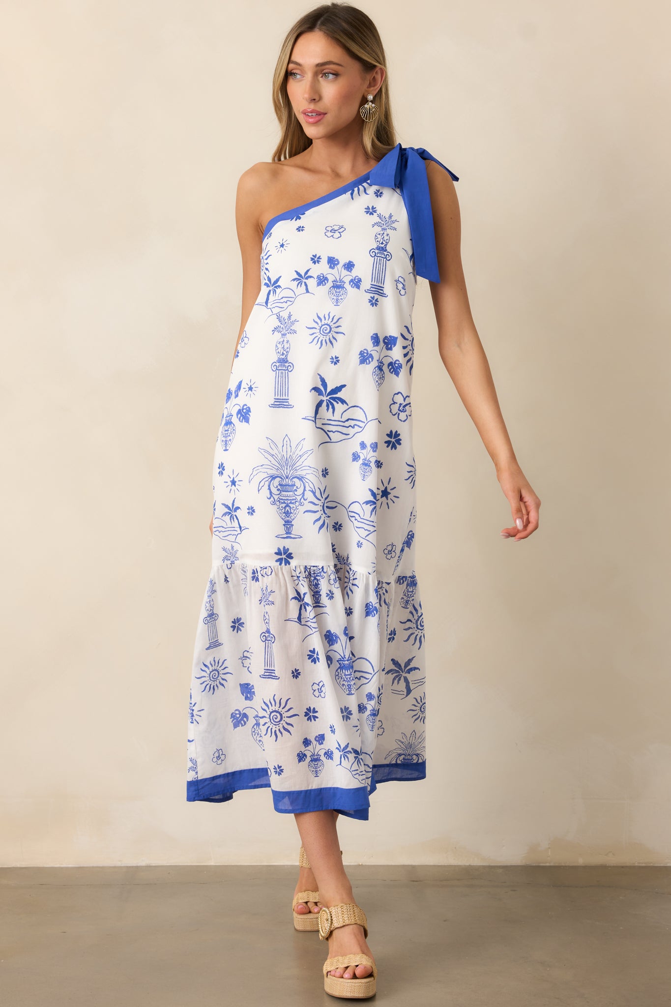 Mediterranean Dream Blue Tropical Print One Shoulder Midi Dress