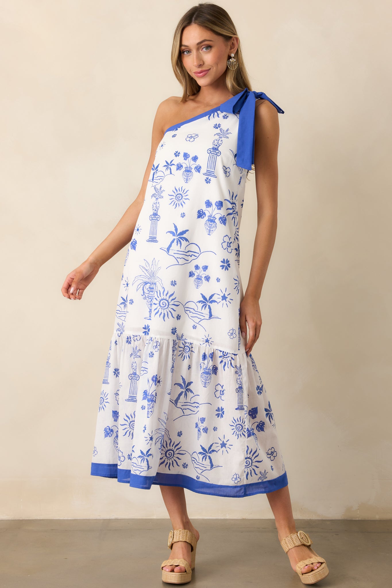 Mediterranean Dream Blue Tropical Print One Shoulder Midi Dress