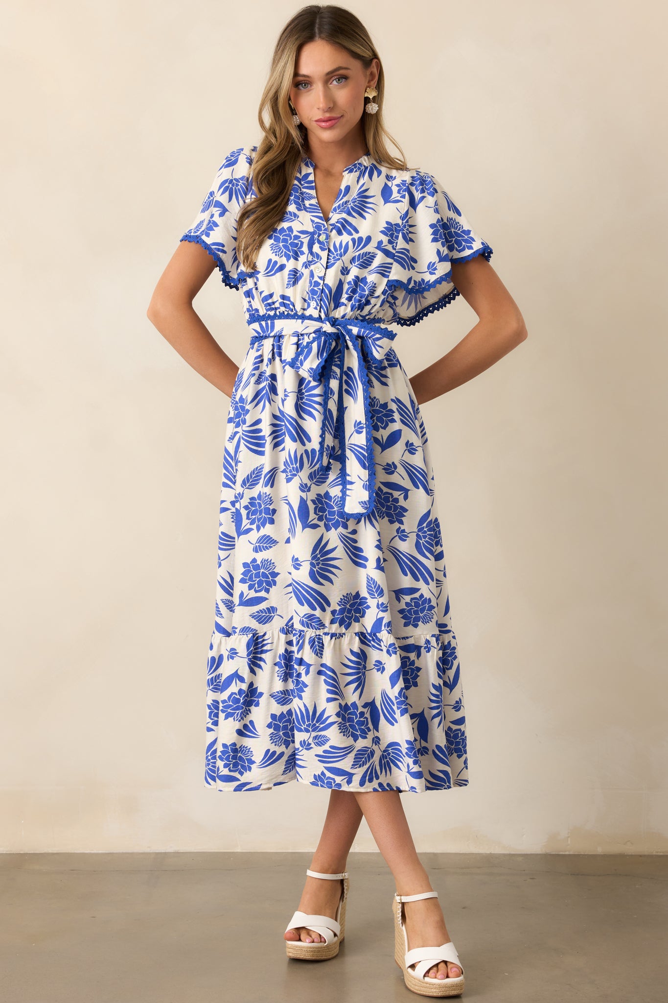 Cruising By Blue Floral Short Sleeve Midi Dress