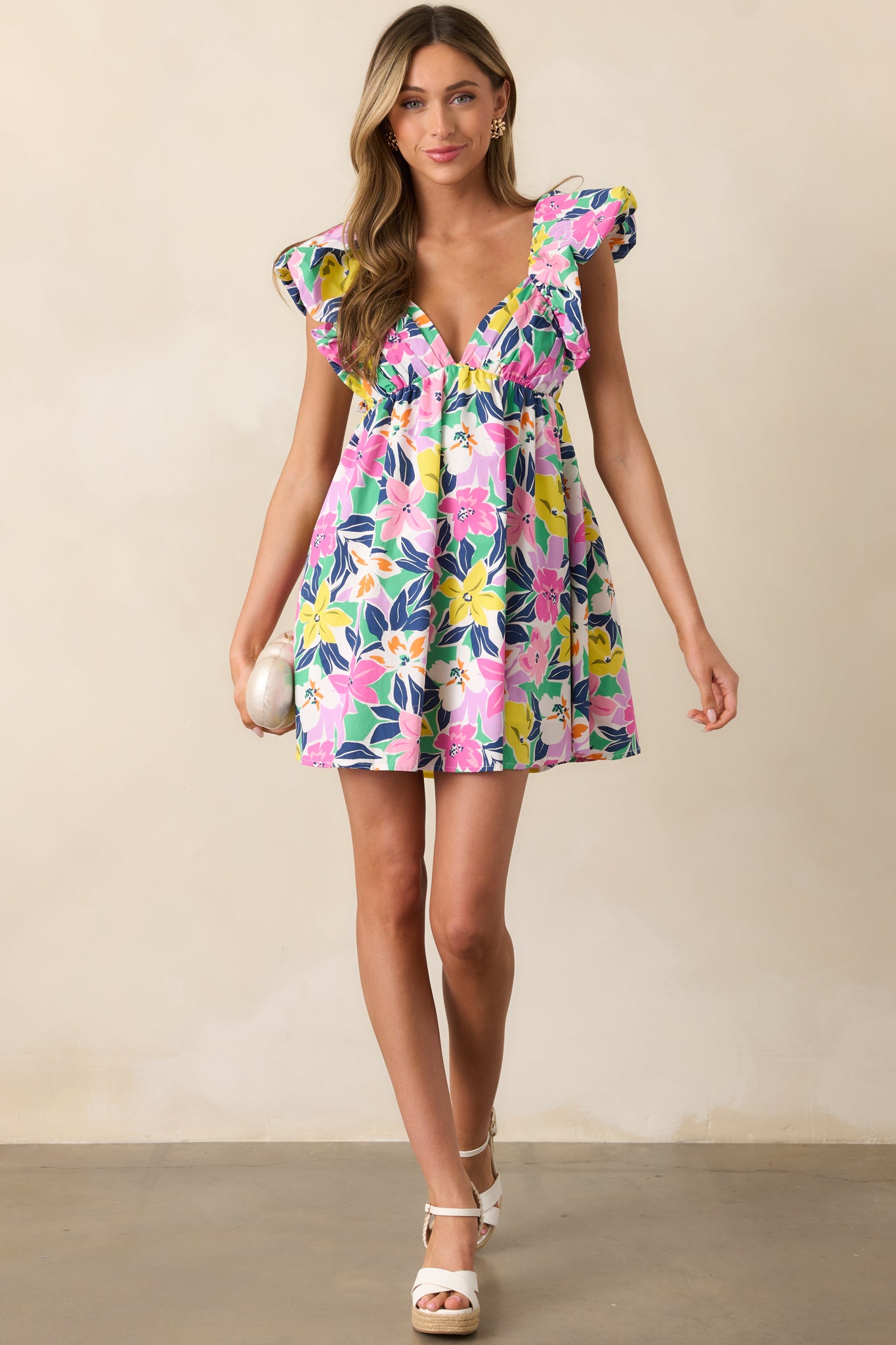 Blooming Love Pink Multi Flutter Sleeve Mini Dress