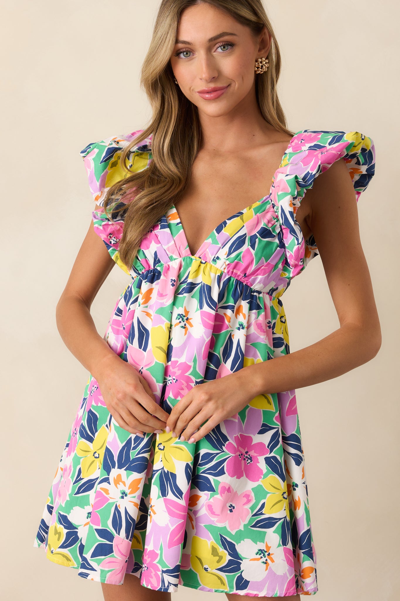 Blooming Love Pink Multi Flutter Sleeve Mini Dress