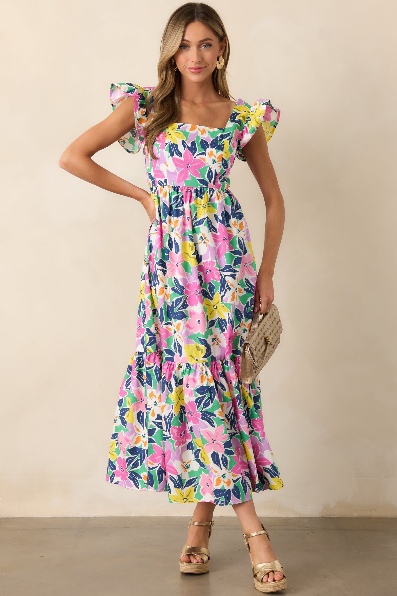 Blooming Shores Pink Tropical Floral Flutter Sleeve Maxi Dress