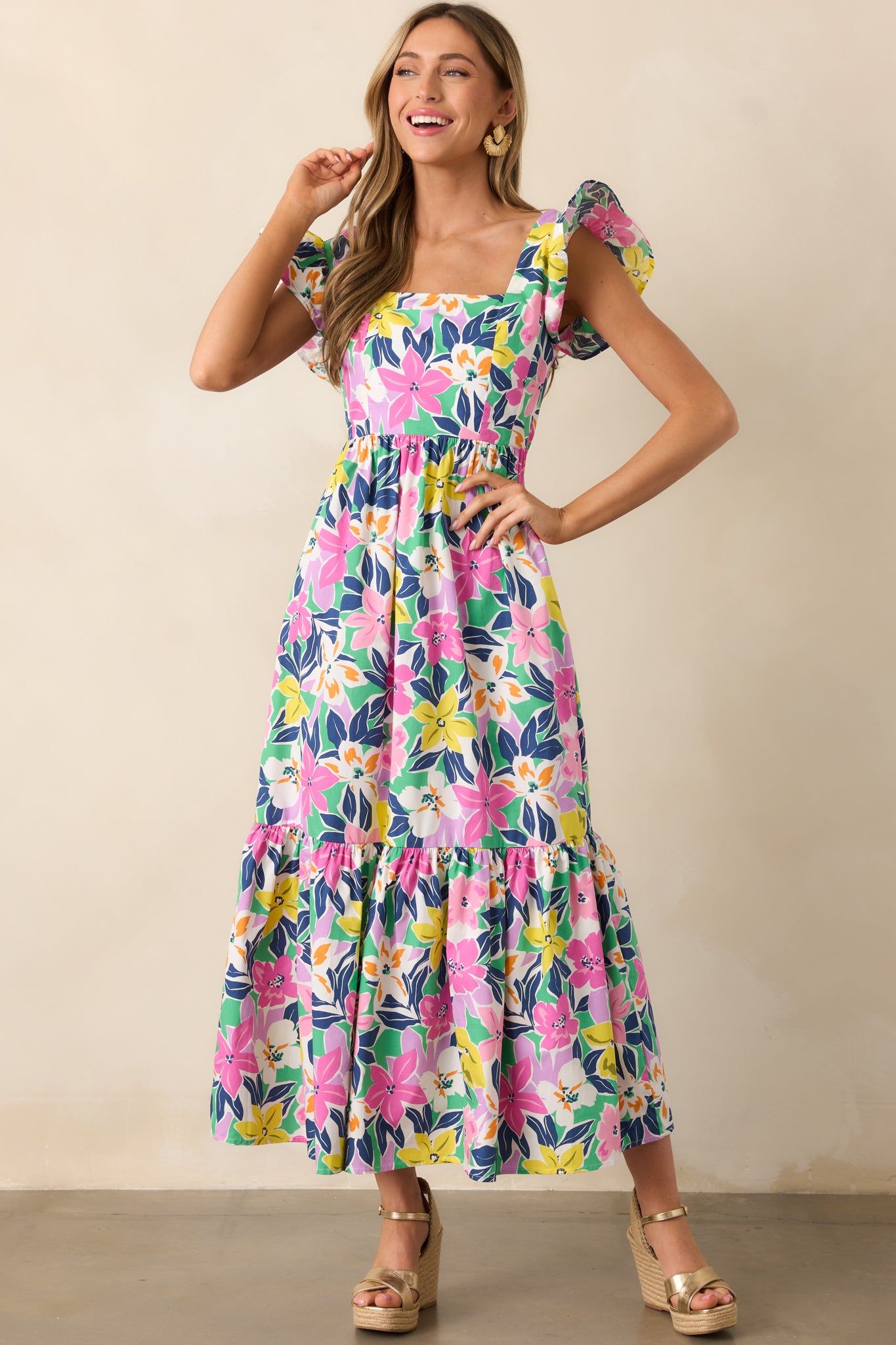 Blooming Shores Pink Tropical Floral Flutter Sleeve Maxi Dress