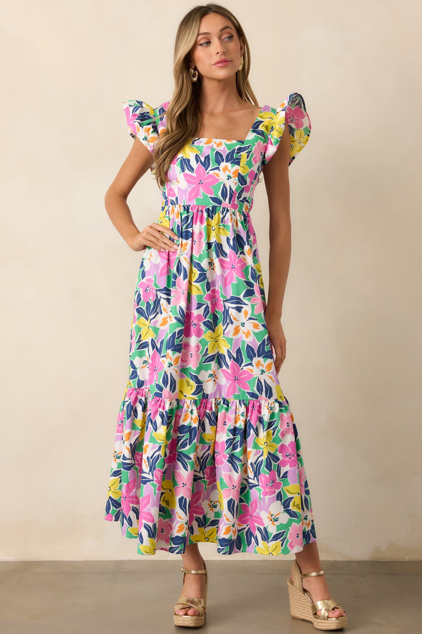 Blooming Shores Pink Tropical Floral Flutter Sleeve Maxi Dress