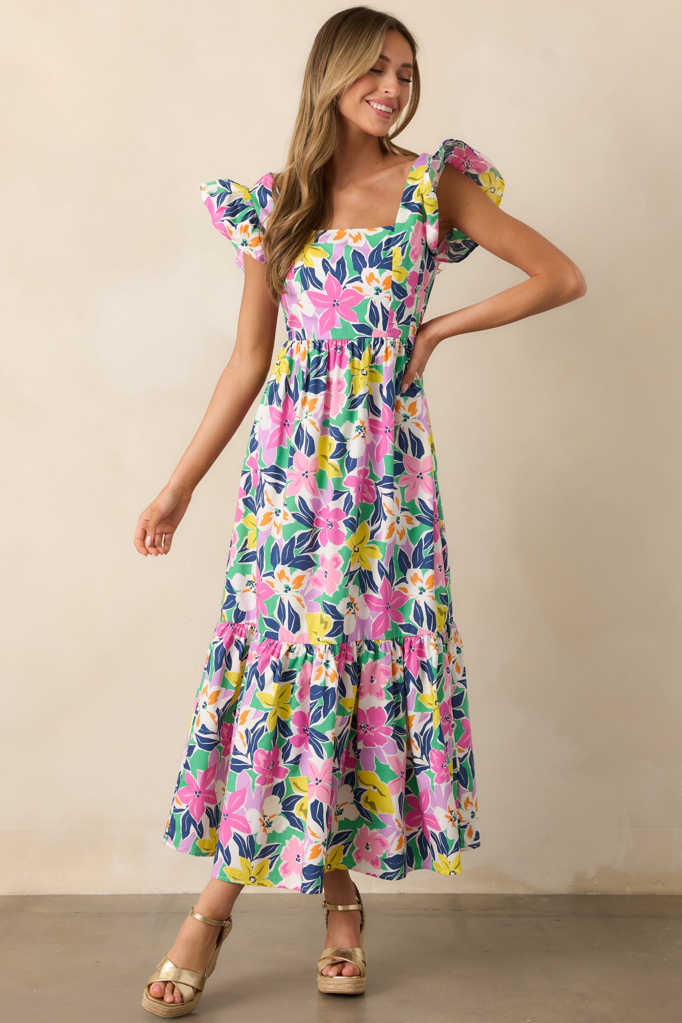 Blooming Shores Pink Tropical Floral Flutter Sleeve Maxi Dress