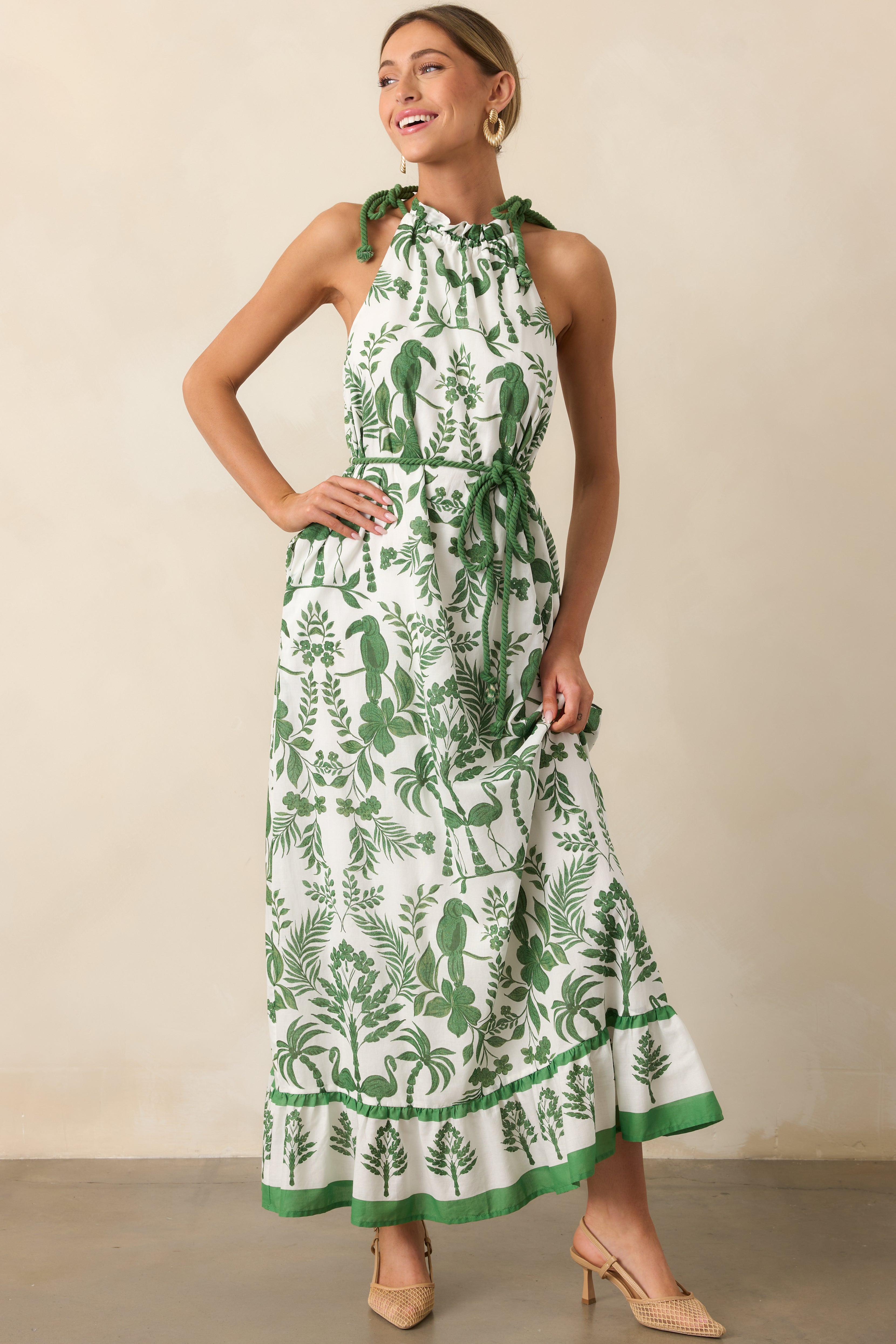 green tropical dress