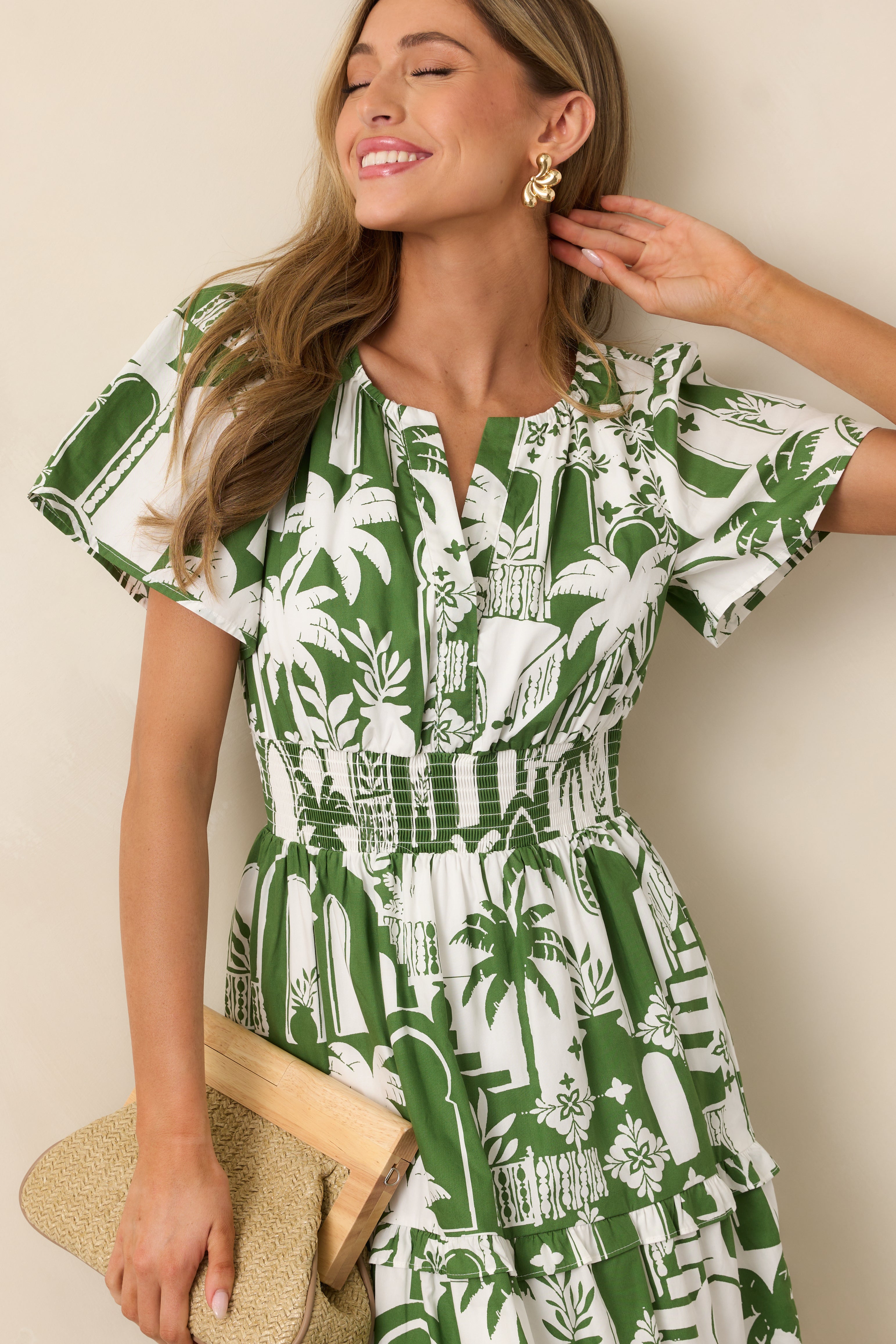 Island Glow Cotton Green Tropical Palm Print Maxi Dress