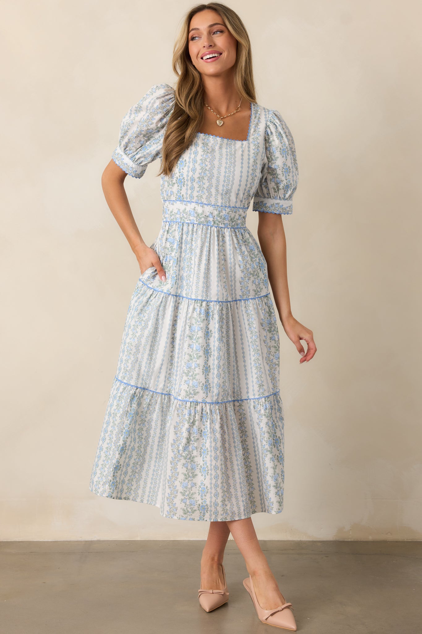 The Wildflower’s Song Cotton Light Blue Floral Midi Dress