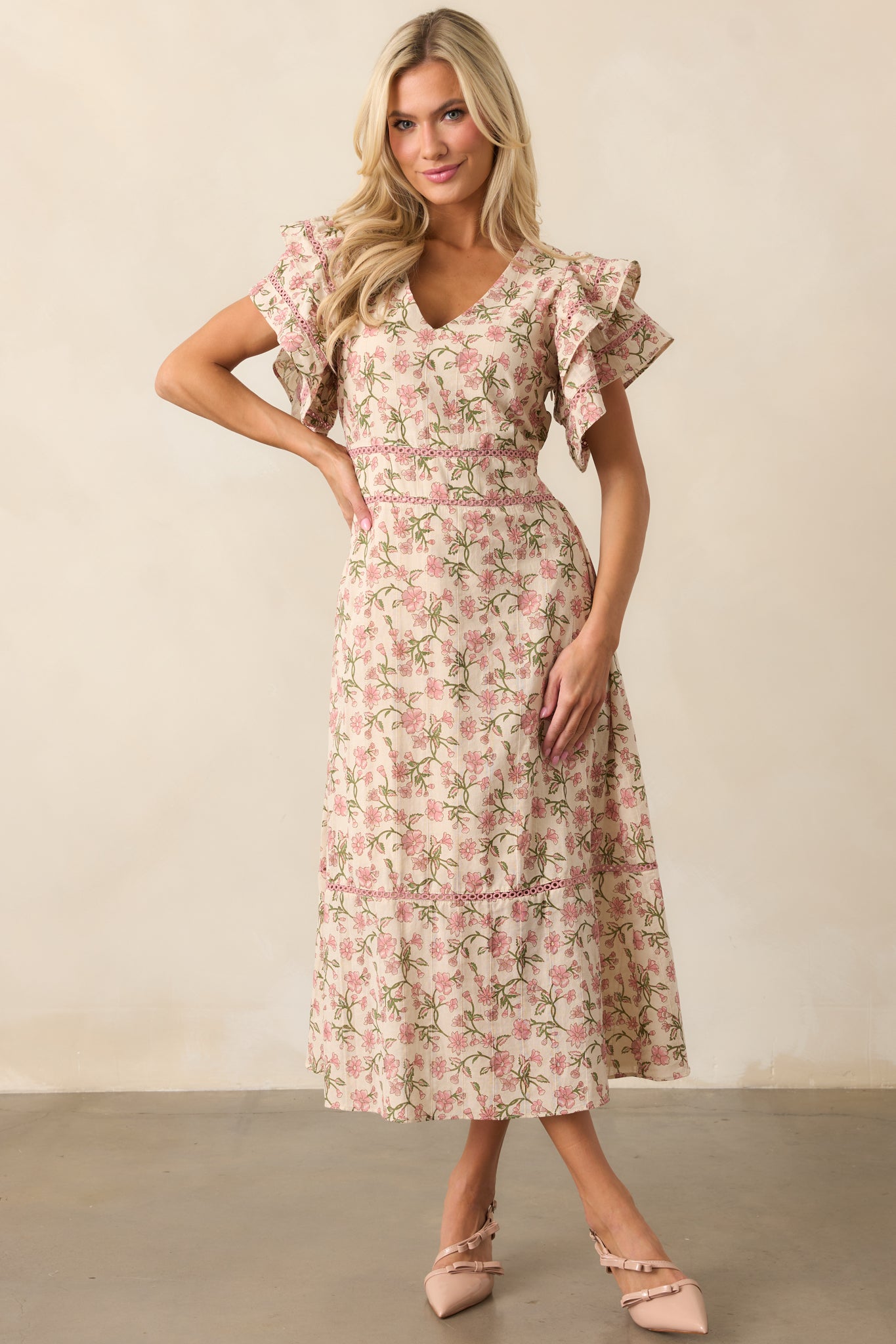 Dandelion Wishes Cotton Rose Pink Flutter Sleeve Midi Dress