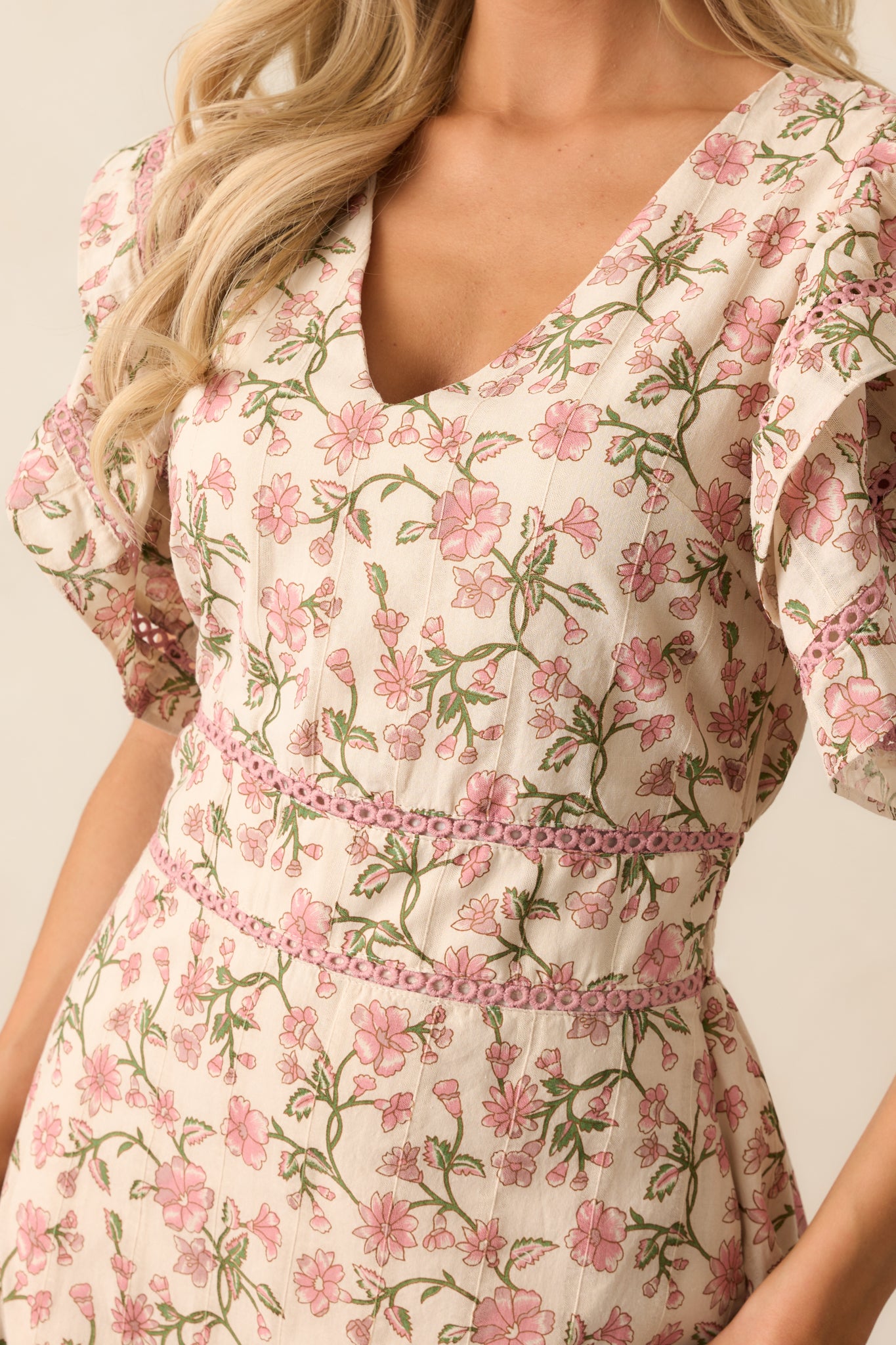 Dandelion Wishes Cotton Rose Pink Flutter Sleeve Midi Dress