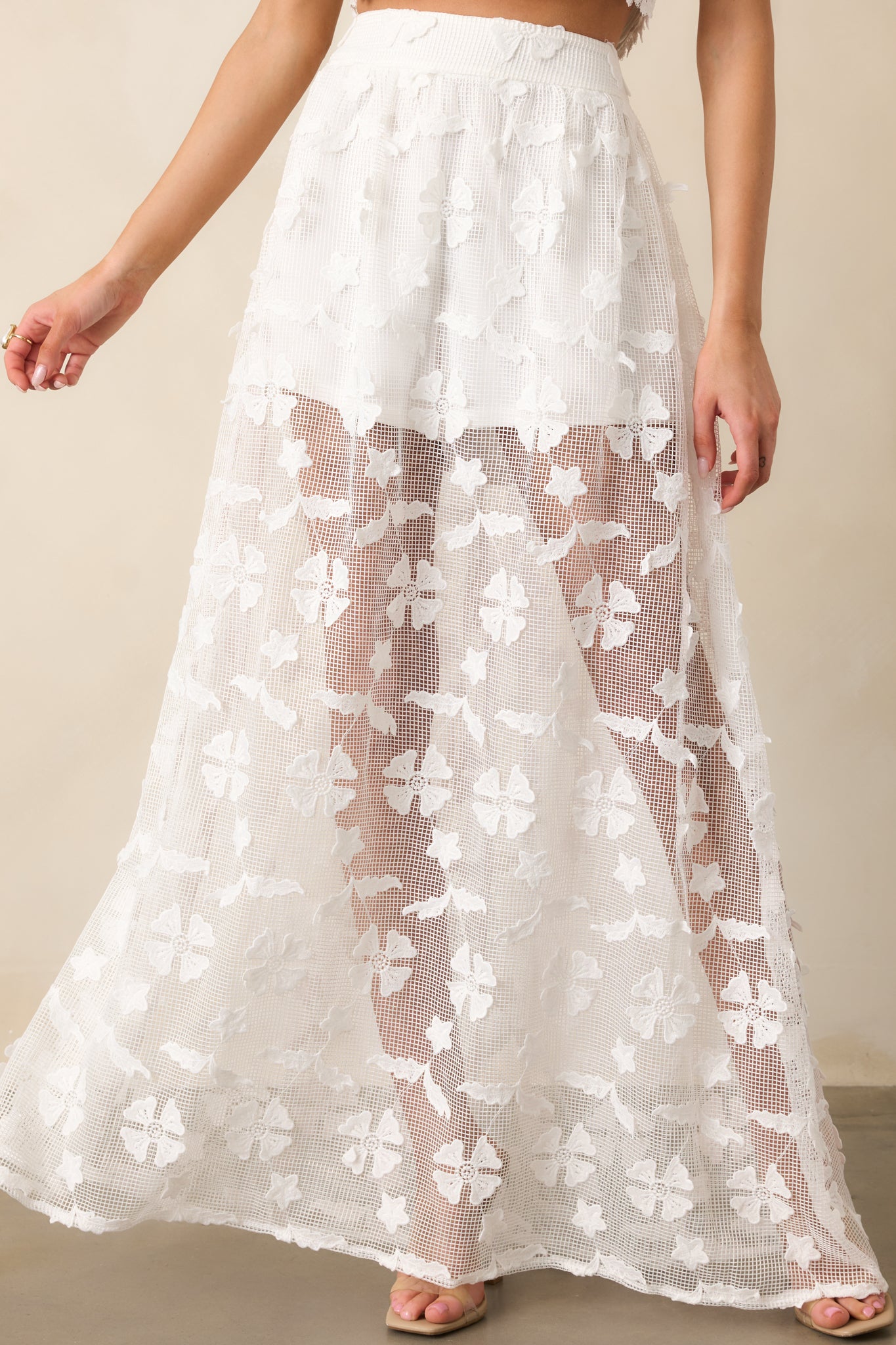 Quiet Waves White Embroidered Midi Skirt