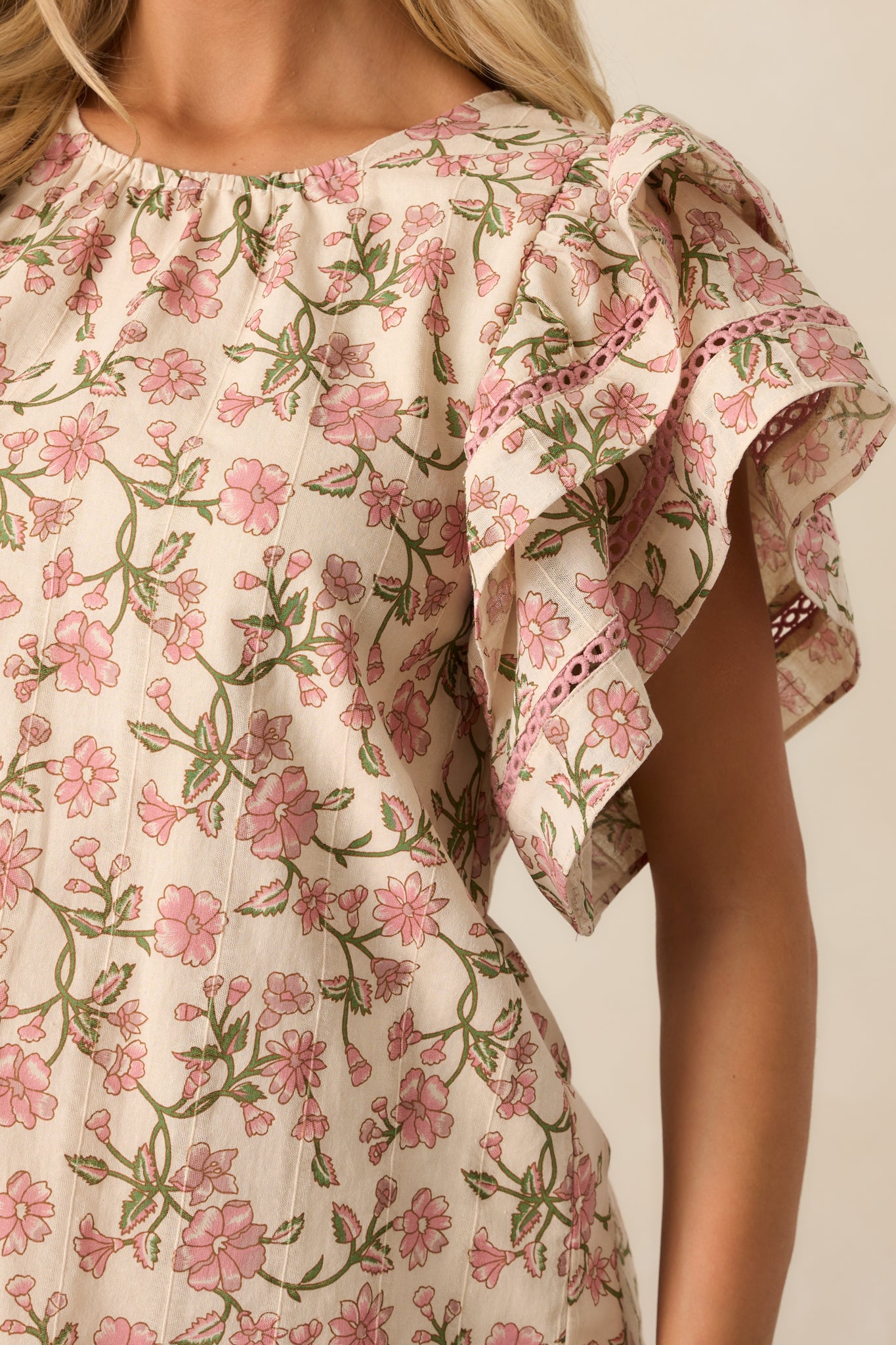 Secret Garden Path Cotton Rose Pink Flutter Sleeve Blouse