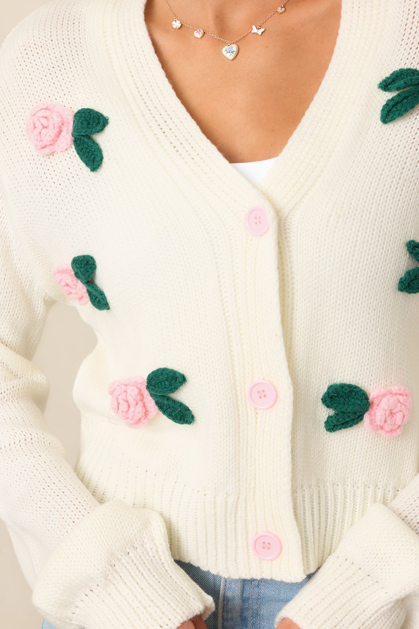 Storytelling Ivory Crochet Rose Button Front Cardigan