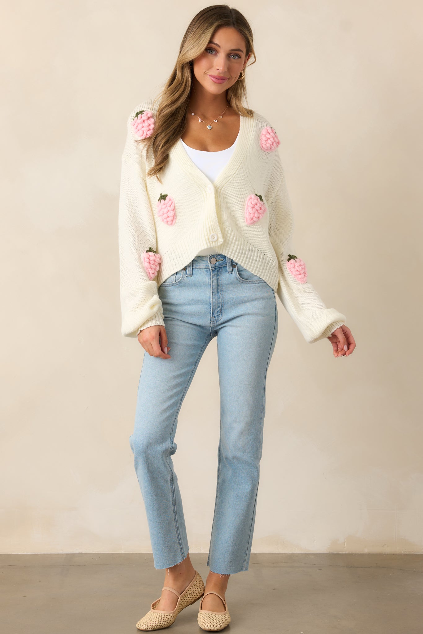 Strawberry Bliss Ivory Knit Button Front Cardigan