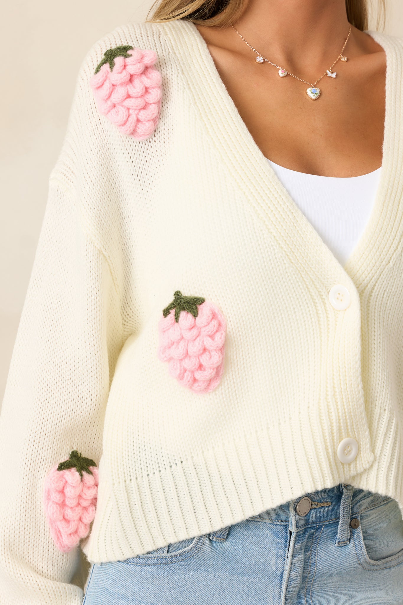 Strawberry Bliss Ivory Knit Button Front Cardigan