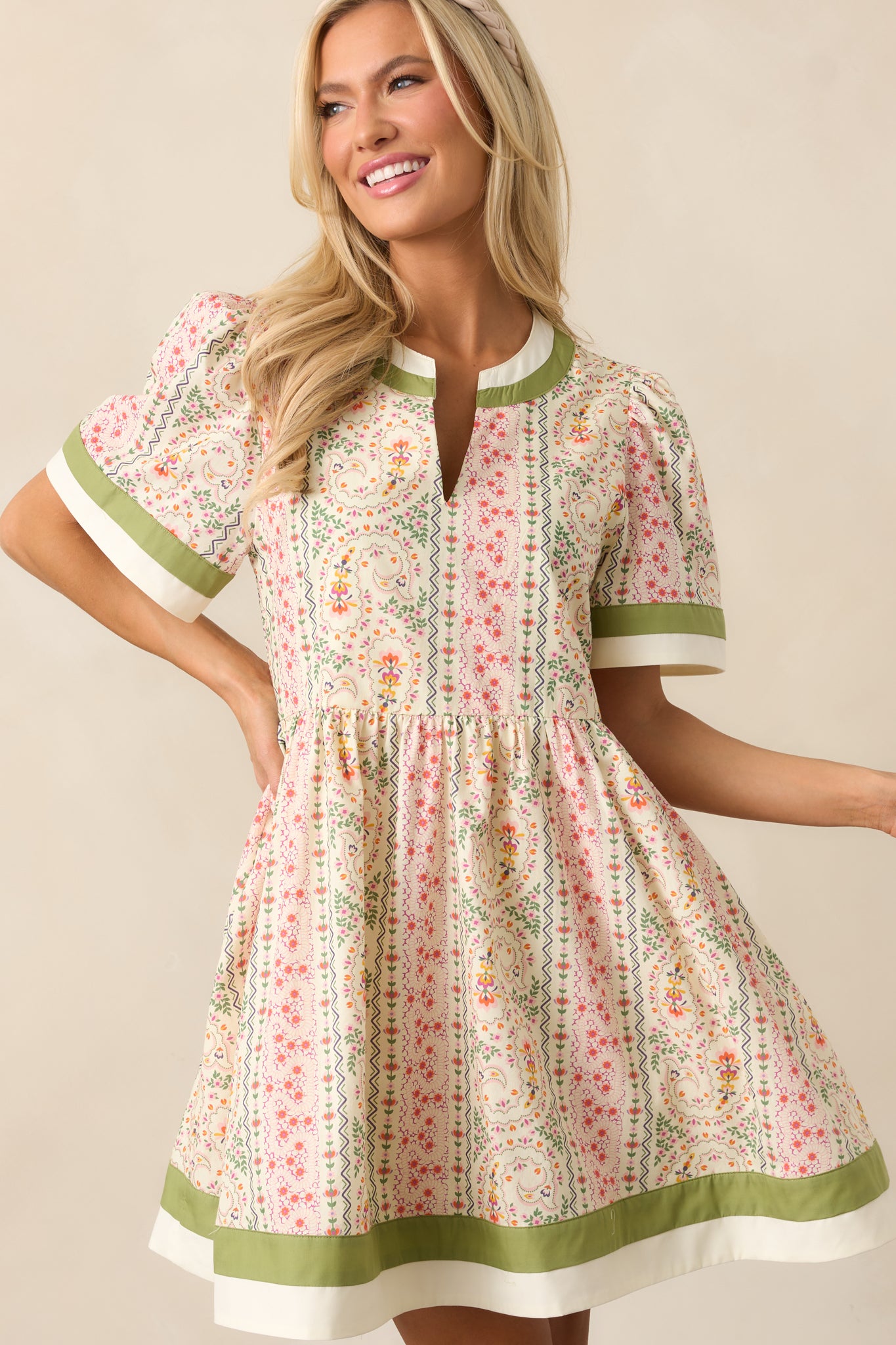 Lush With Life Green Floral Cotton Mini Dress