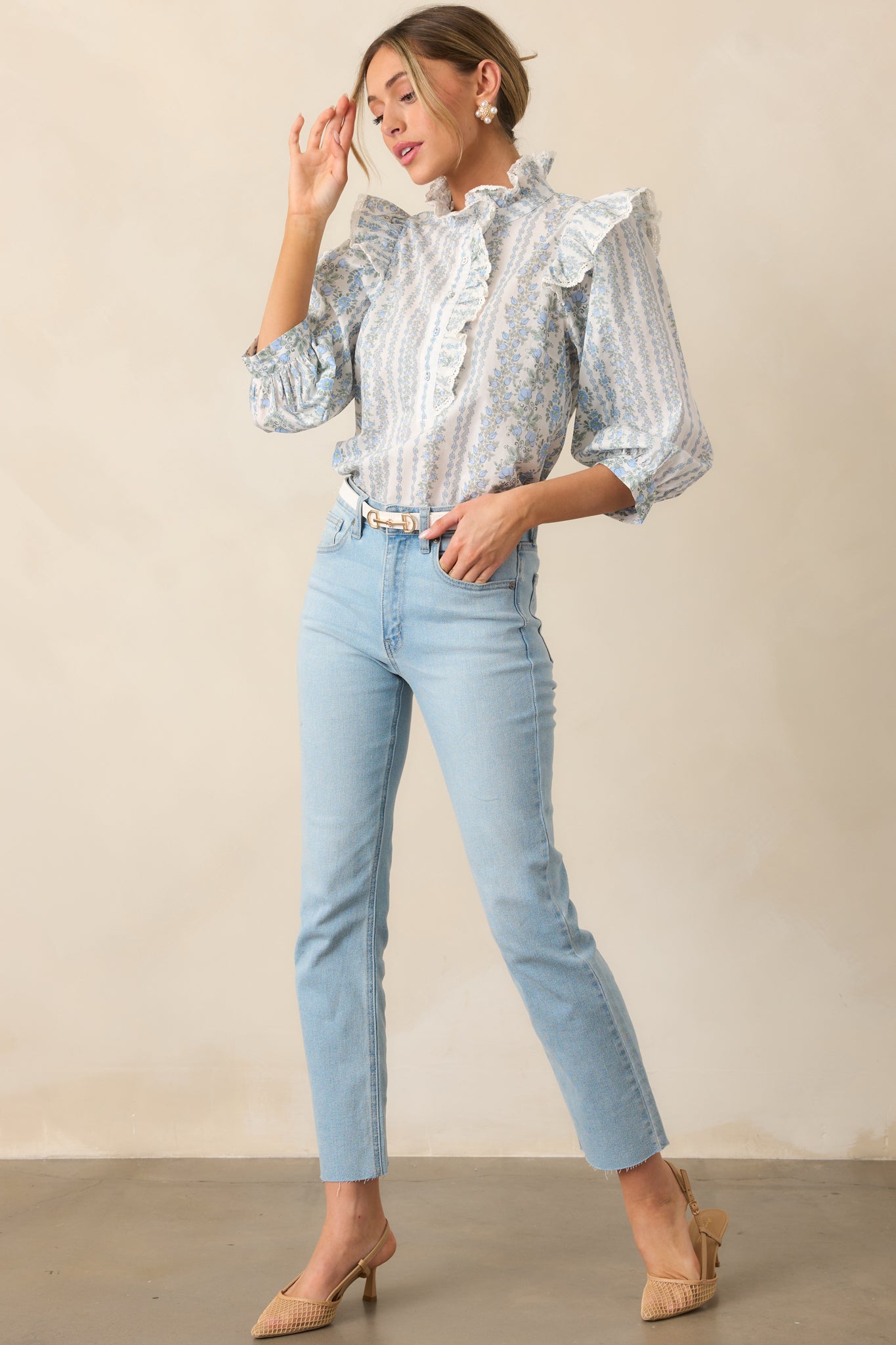 Hummingbird’s Haven Cotton Blue Flutter Sleeve Blouse