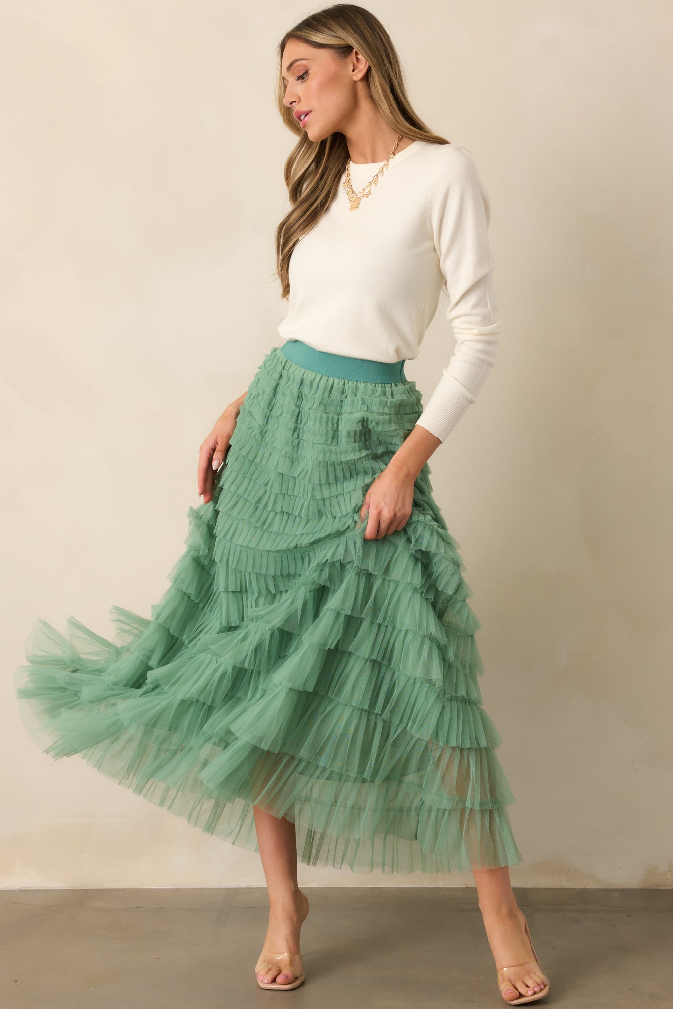 Garden Gathering Sage Tiered Ruffle Tulle Maxi Skirt