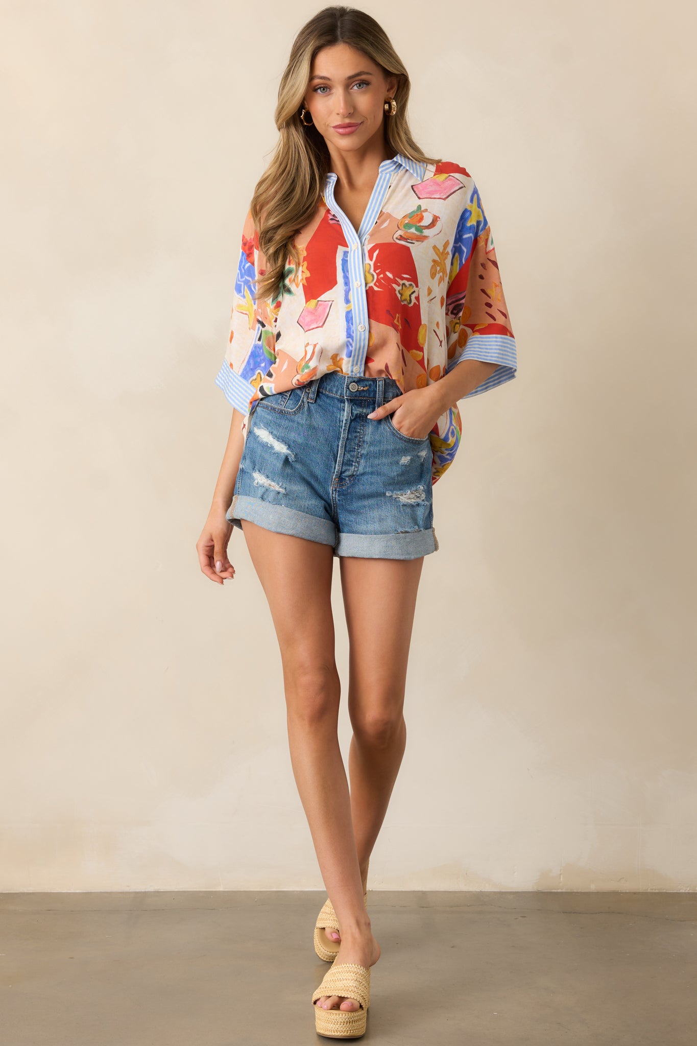 Sunset Tides Red Multi Tropical Print Button Front Top