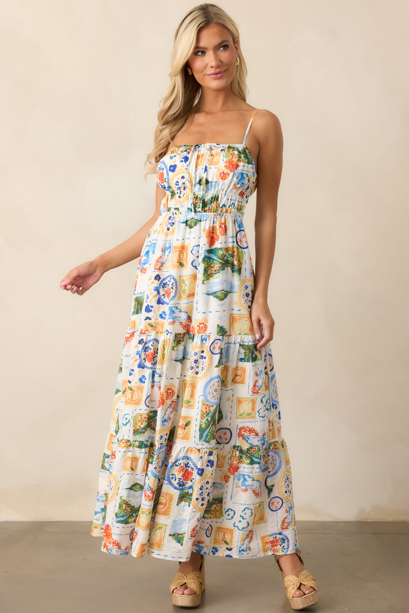 Salt Breeze Blue Multi Watercolor Print Maxi Dress