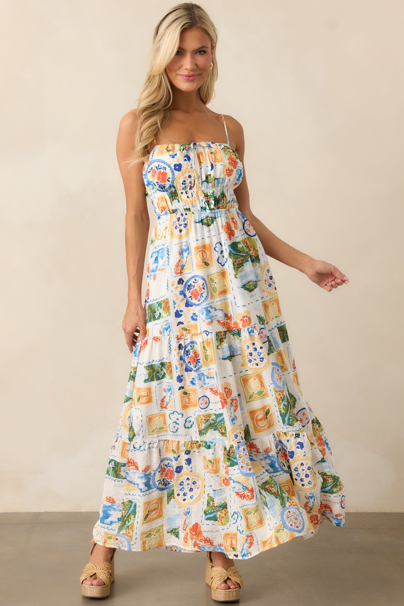 Salt Breeze Blue Multi Watercolor Print Maxi Dress