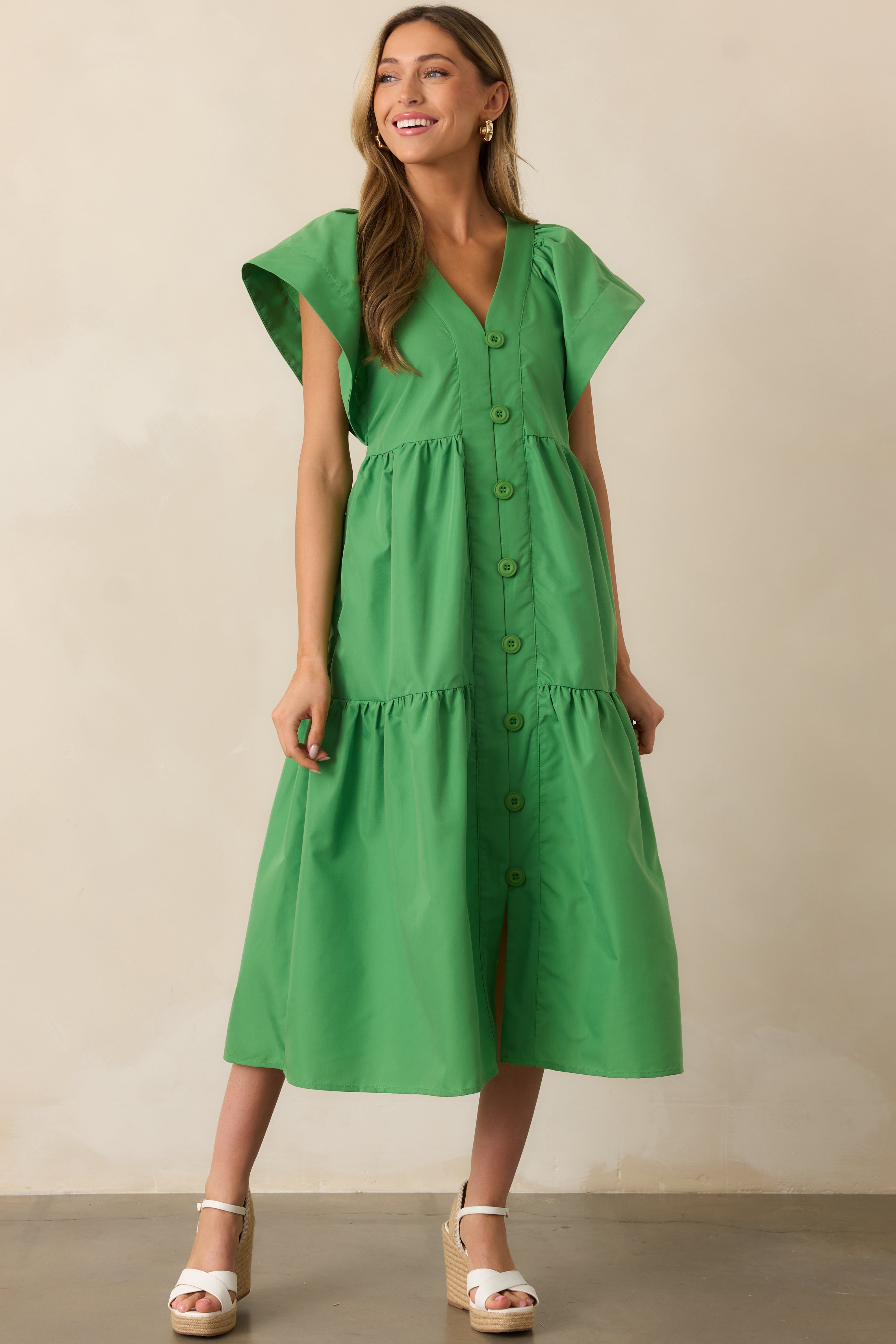 Vivid Palms Green Button Front Midi Dress