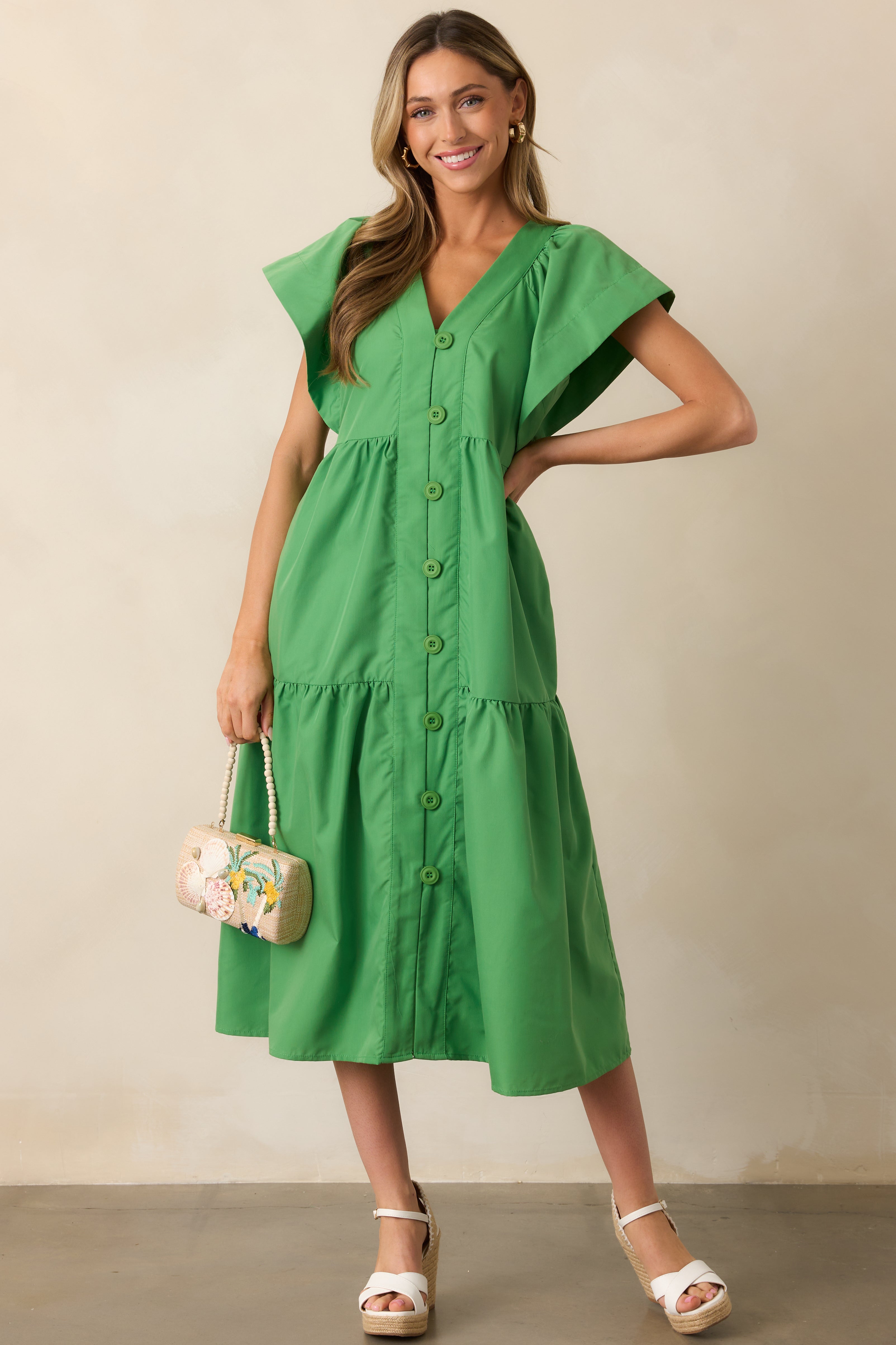 Vivid Palms Green Button Front Midi Dress