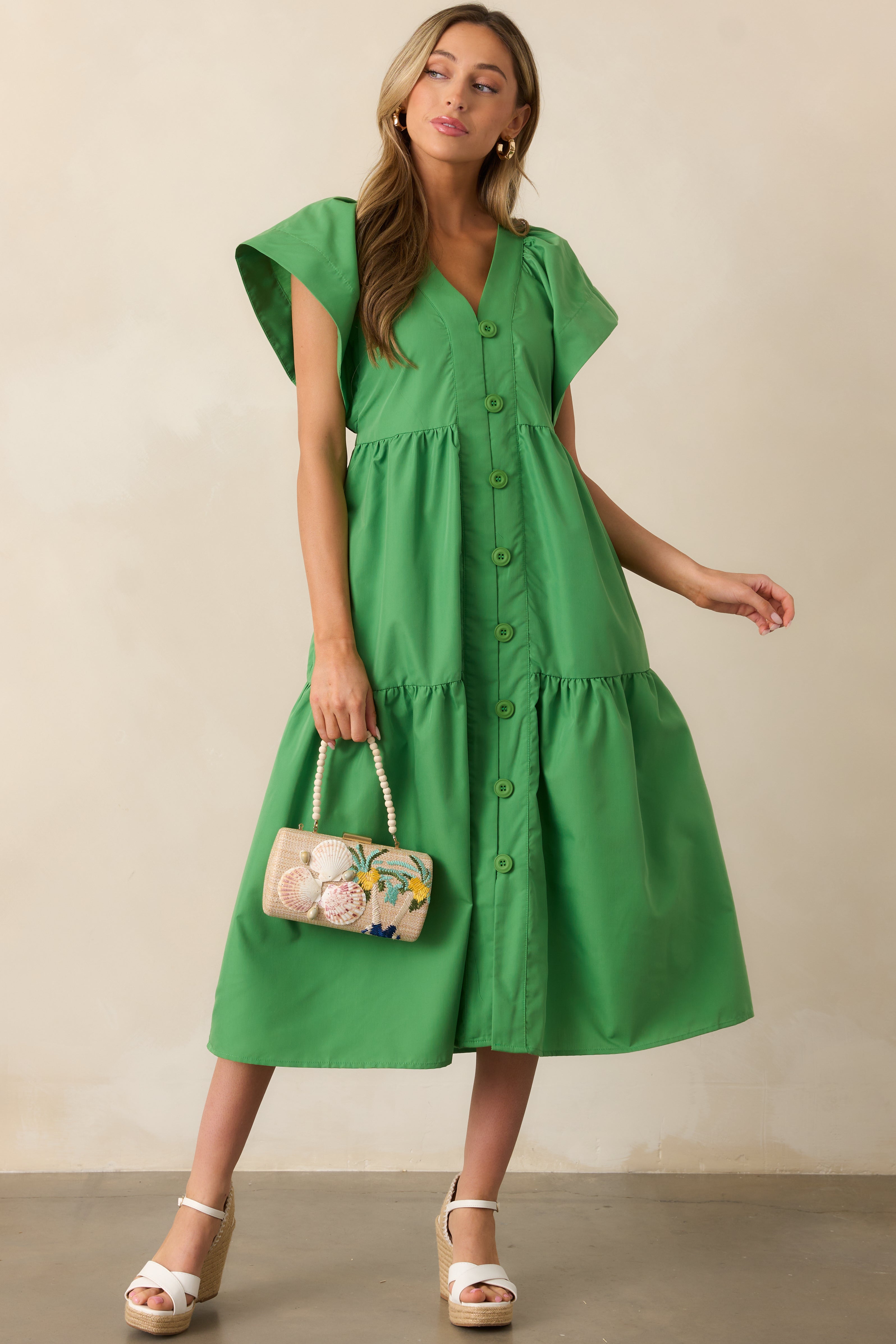 Vivid Palms Green Button Front Midi Dress