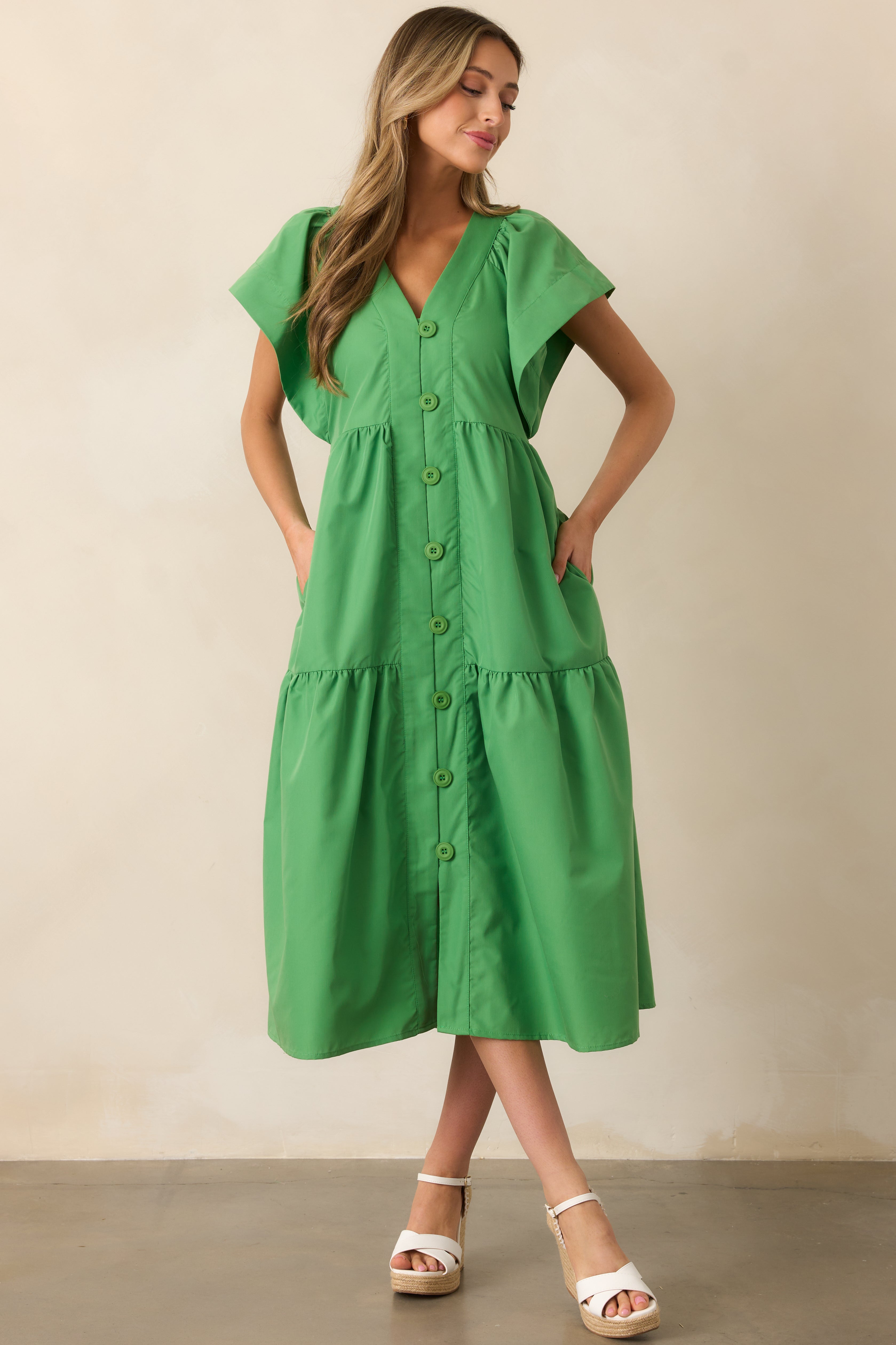 Vivid Palms Green Button Front Midi Dress