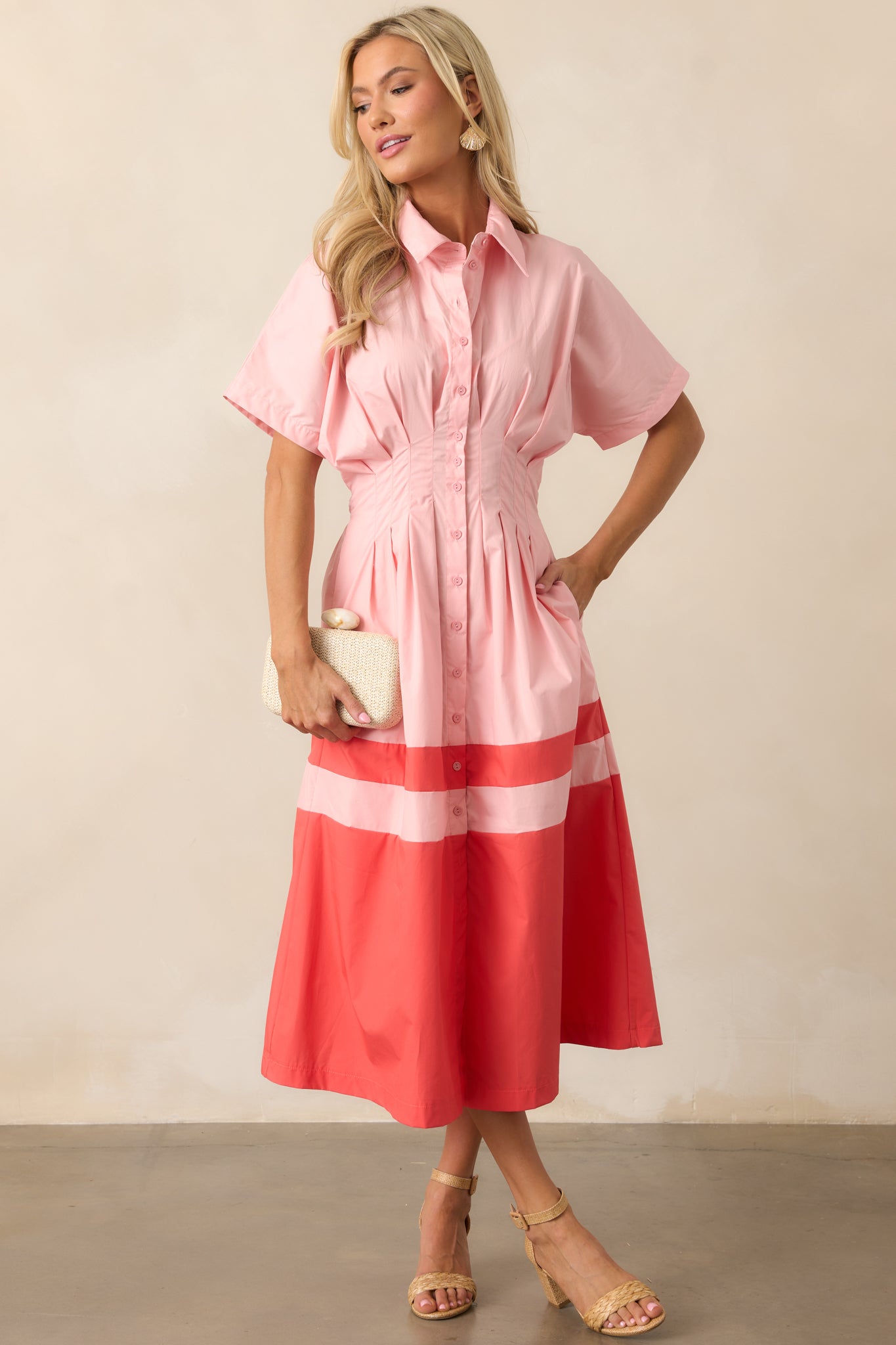 Sorbet Dreams Cotton Pink Button Front Midi Dress