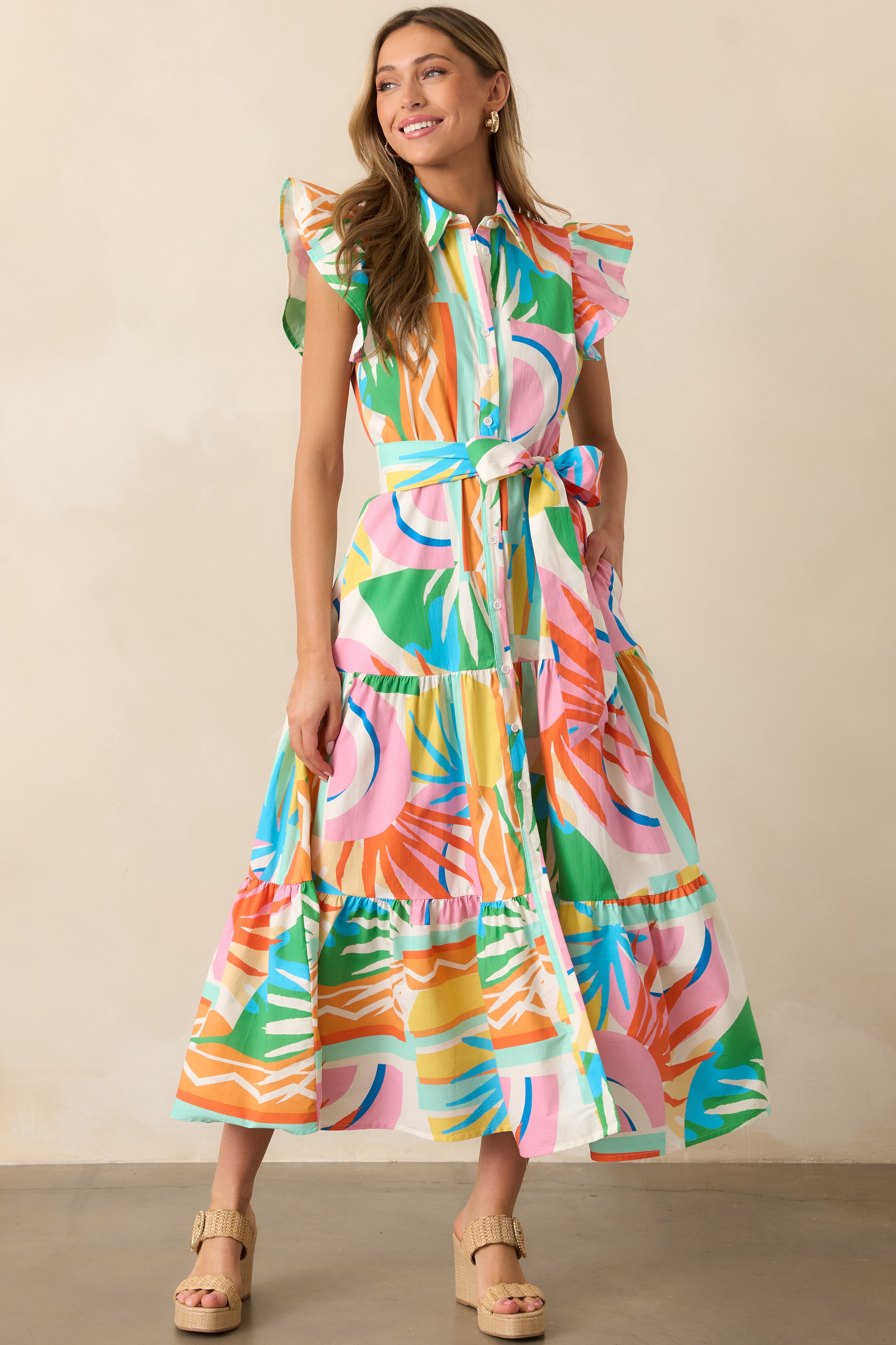 Paradise Ahead Pink Multi Print Button Front Maxi Dress