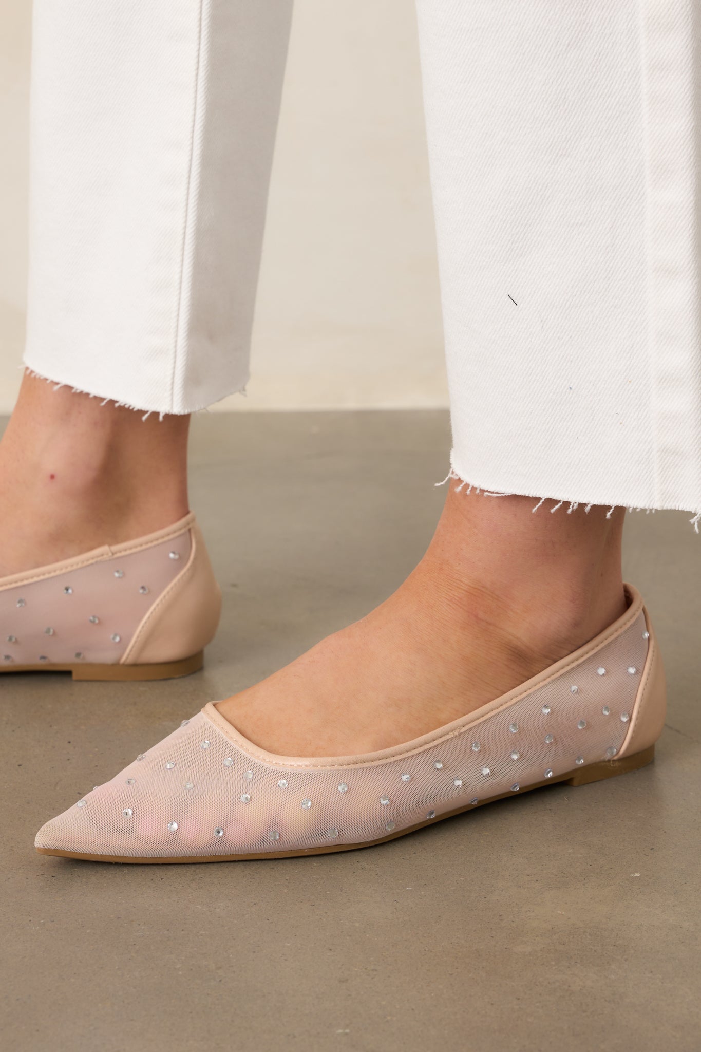 Shining Bright Nude Pointed Toe Mesh Ballet Flats