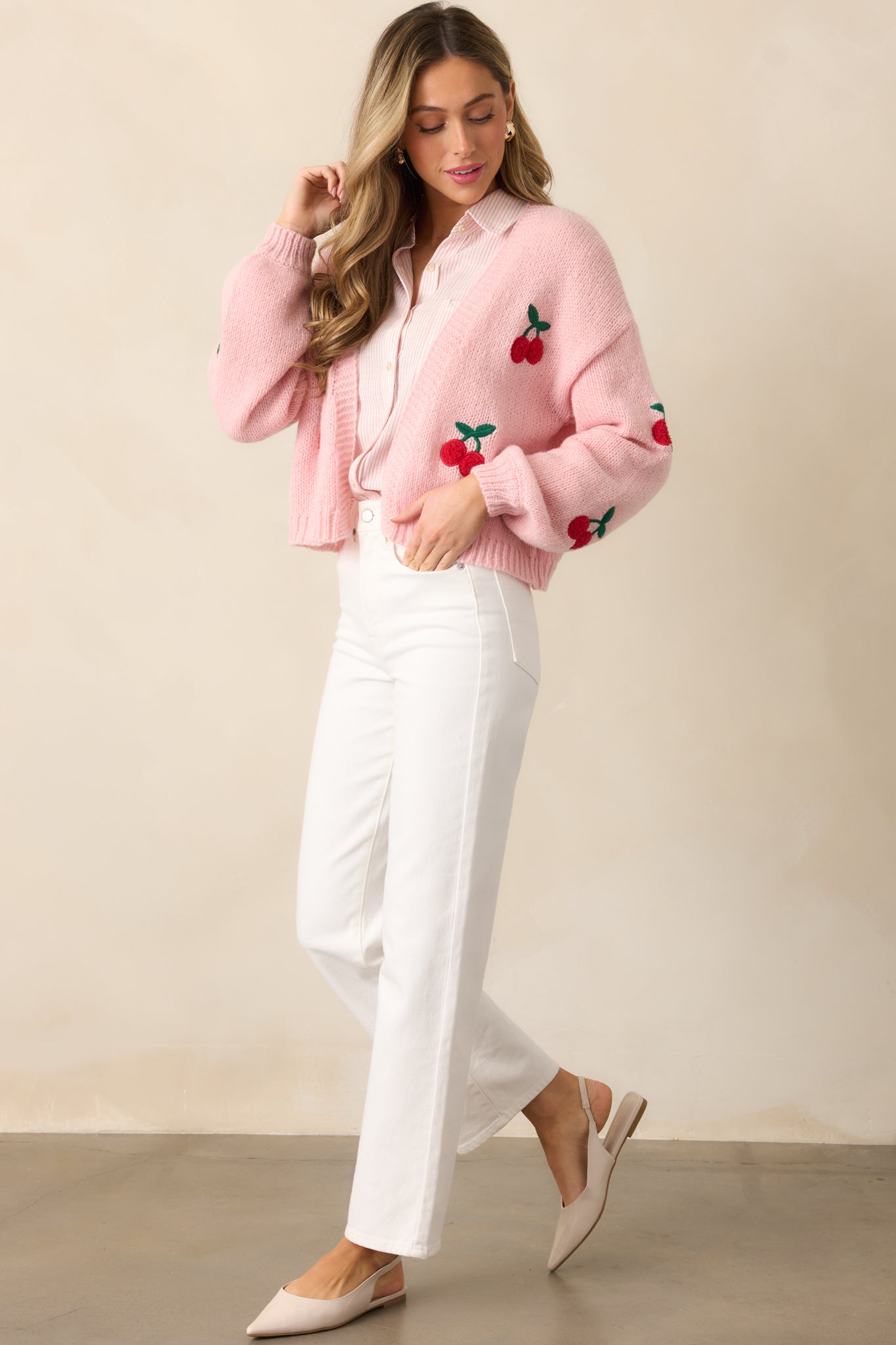 Cherry Trees Light Pink Knit Cardigan