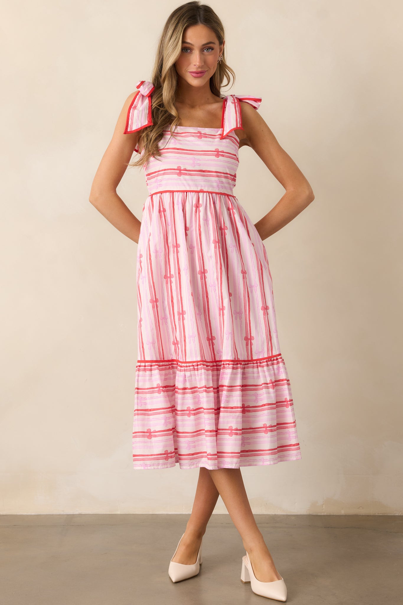 Through The Fields Pink Multi Stripe Cotton Midi Dress