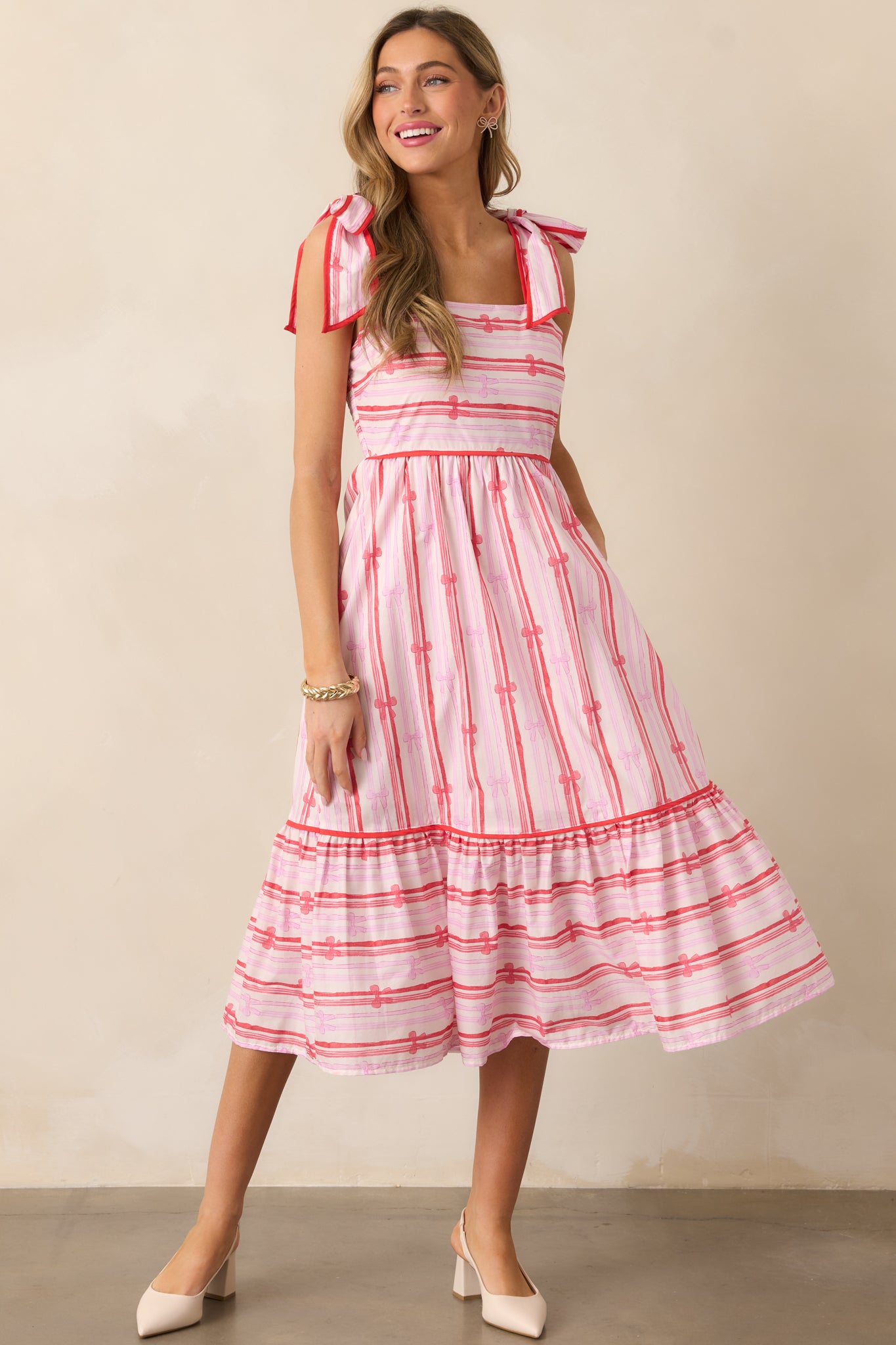 Through The Fields Pink Multi Stripe Cotton Midi Dress