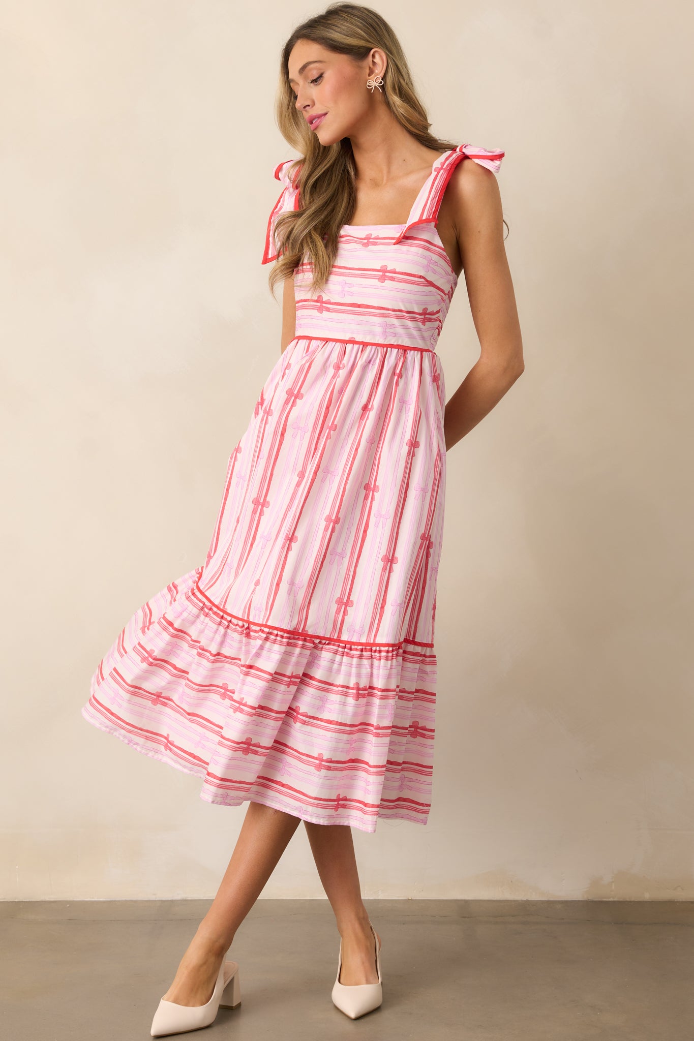 Through The Fields Pink Multi Stripe Cotton Midi Dress