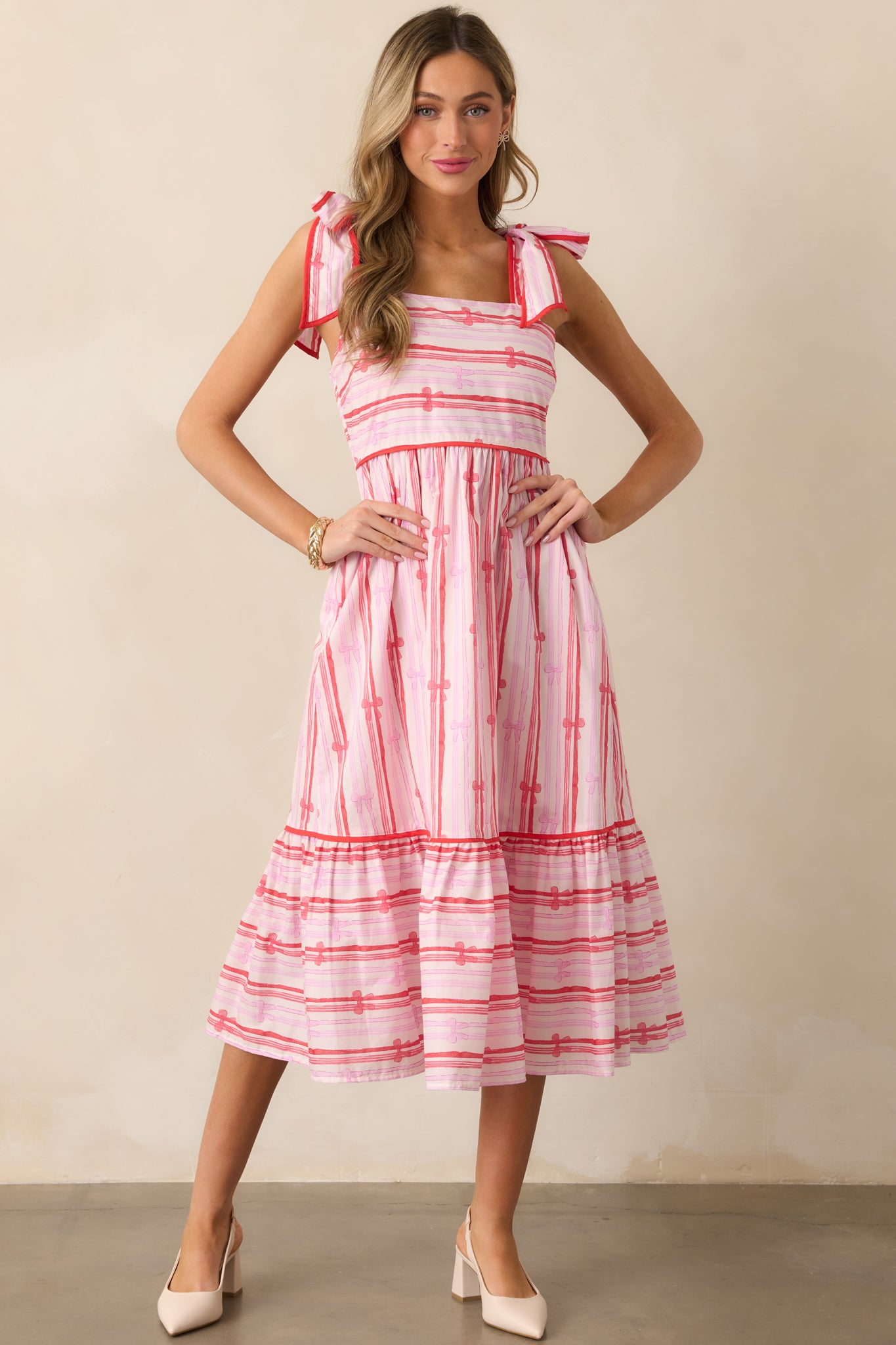 Through The Fields Pink Multi Stripe Cotton Midi Dress