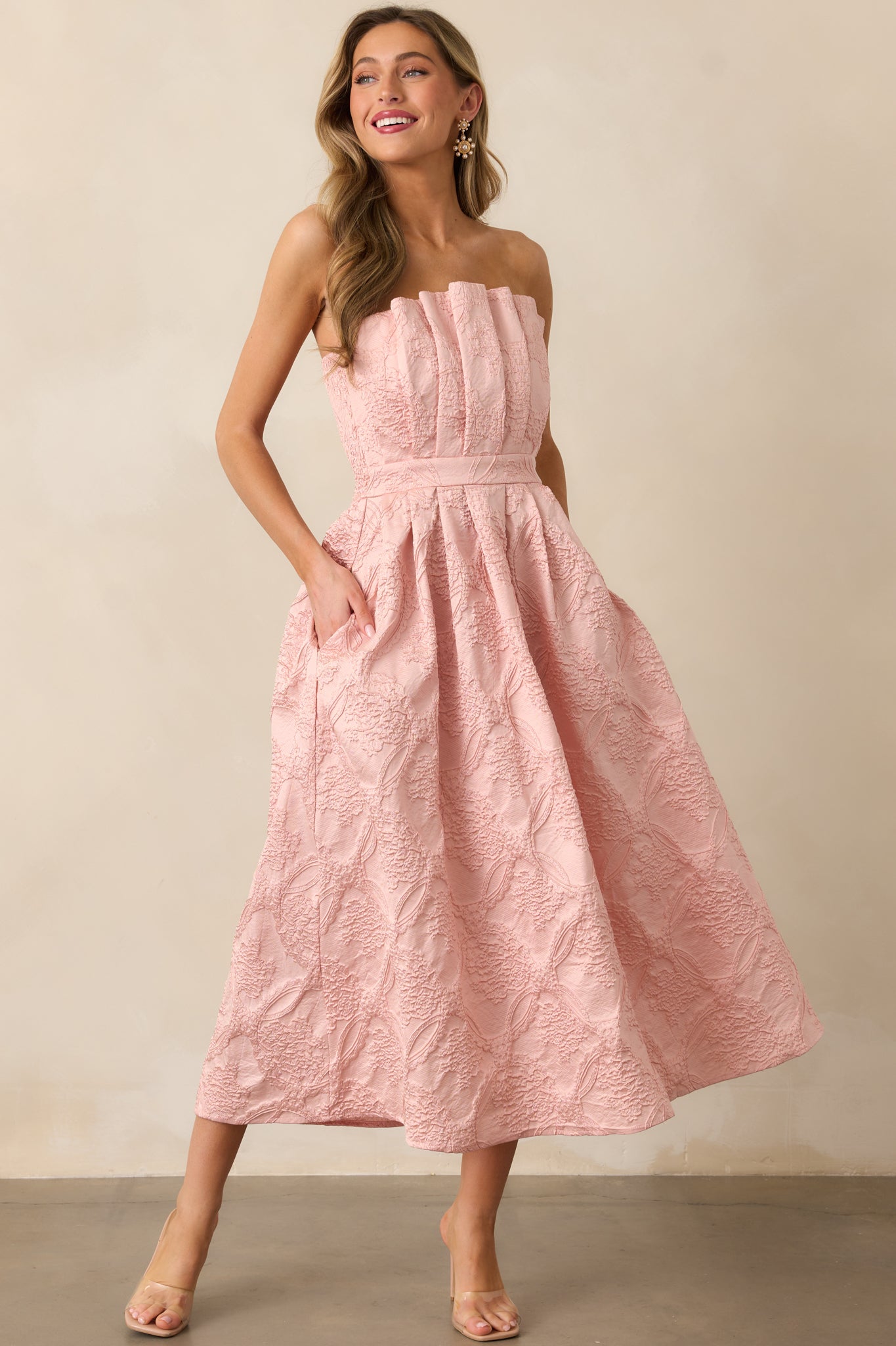 The Genevieve Blush Floral Jacquard Strapless Midi Dress