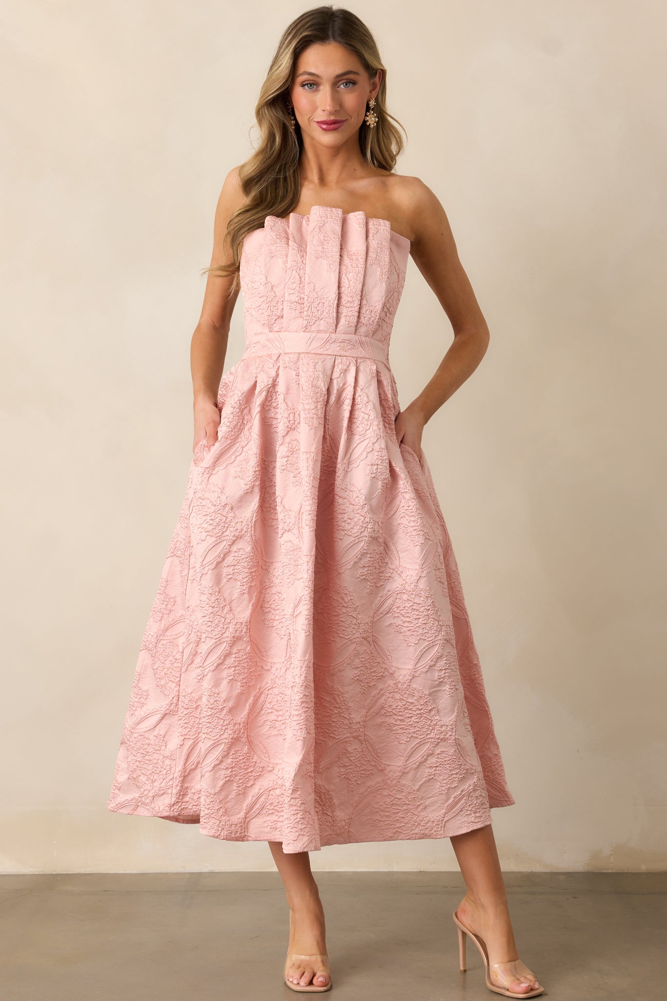 The Genevieve Blush Floral Jacquard Strapless Midi Dress