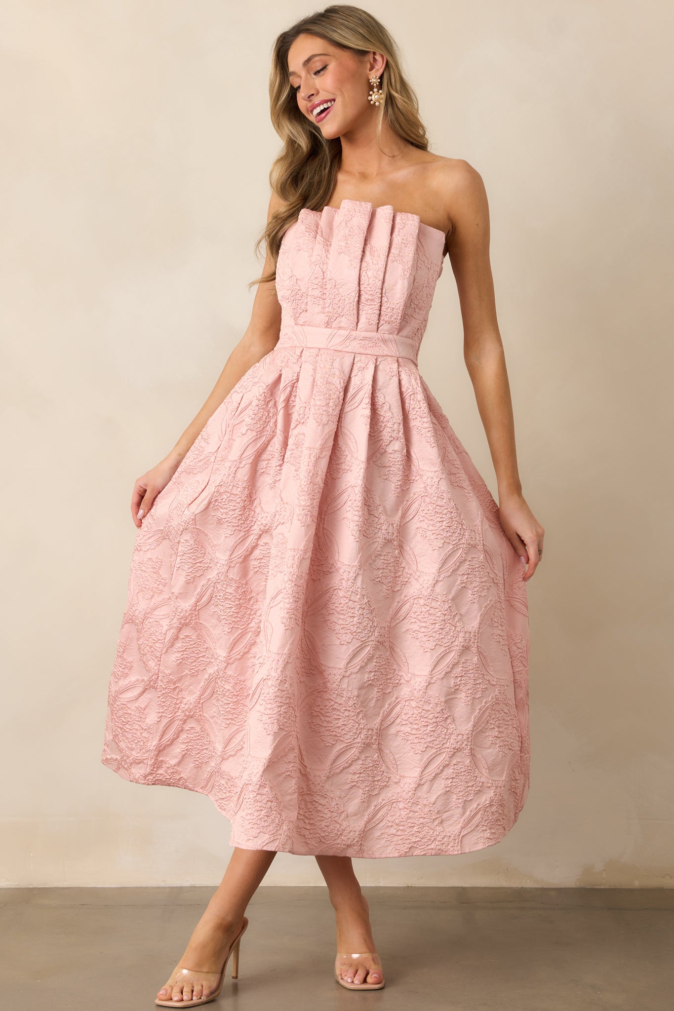 The Genevieve Blush Floral Jacquard Strapless Midi Dress