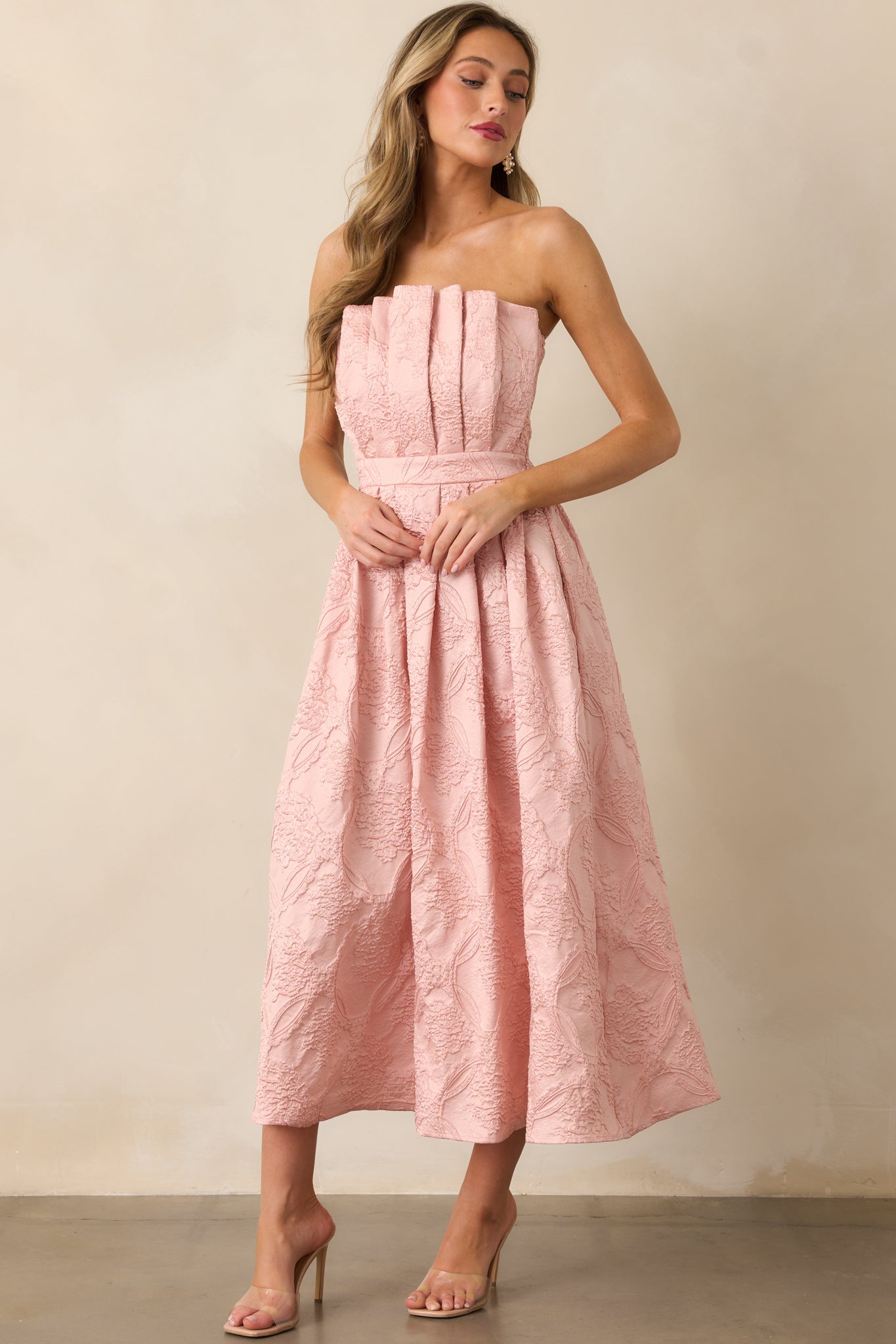 The Genevieve Blush Floral Jacquard Strapless Midi Dress