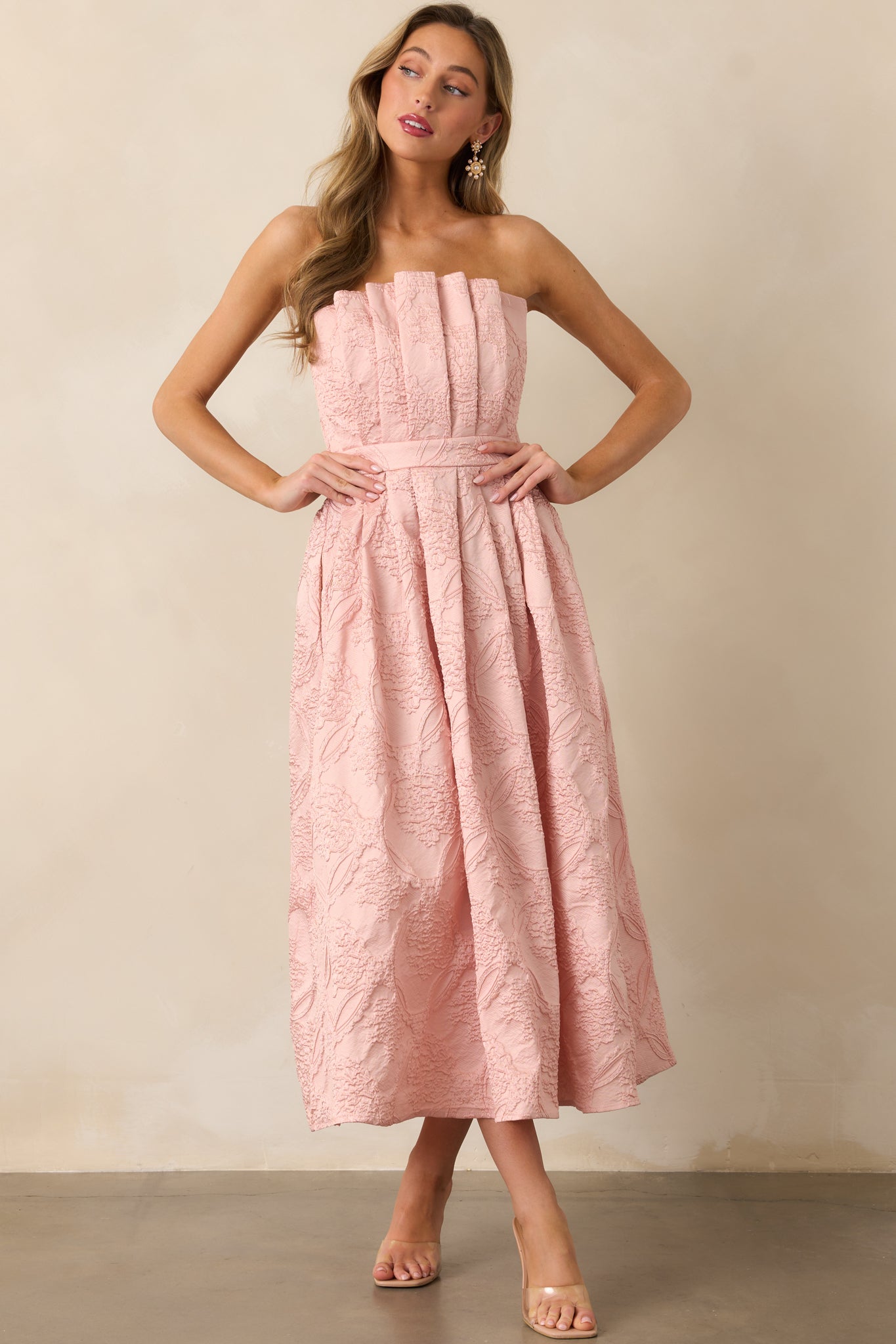 The Genevieve Blush Floral Jacquard Strapless Midi Dress