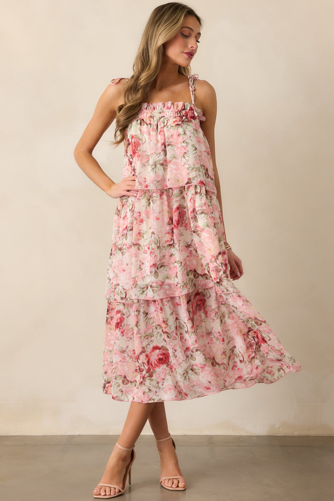 Flourishing Frenzy Pink Floral Print Midi Dress