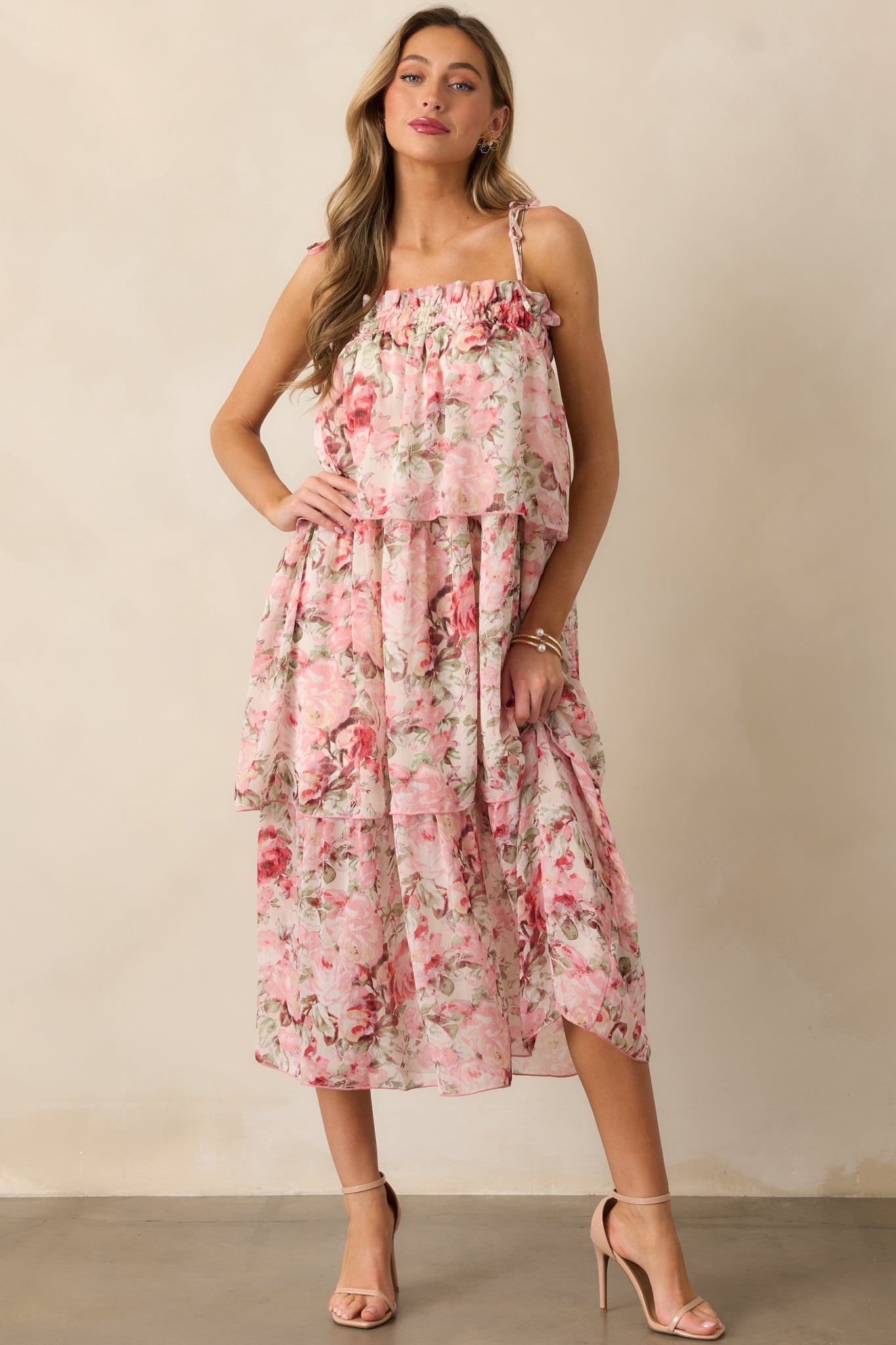 Flourishing Frenzy Pink Floral Print Midi Dress