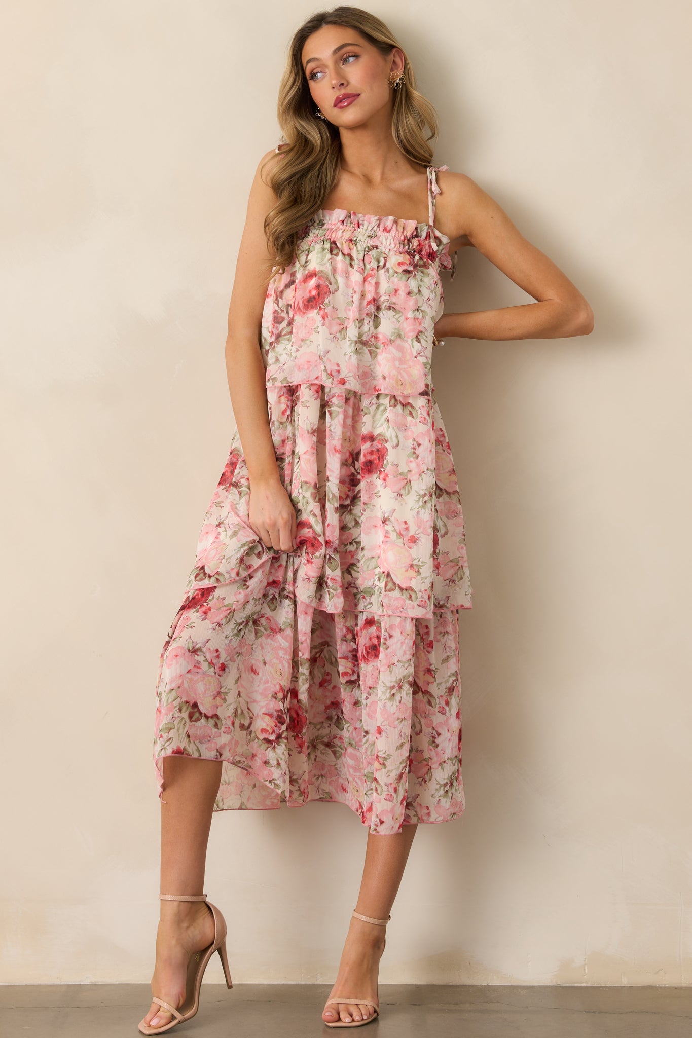 Flourishing Frenzy Pink Floral Print Midi Dress