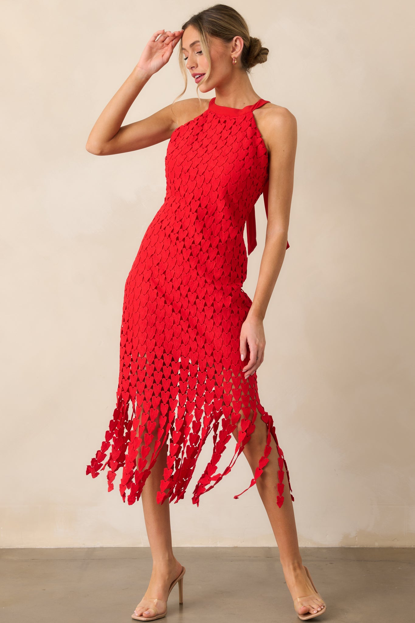 Heart On Display Red Heart Lace Midi Dress