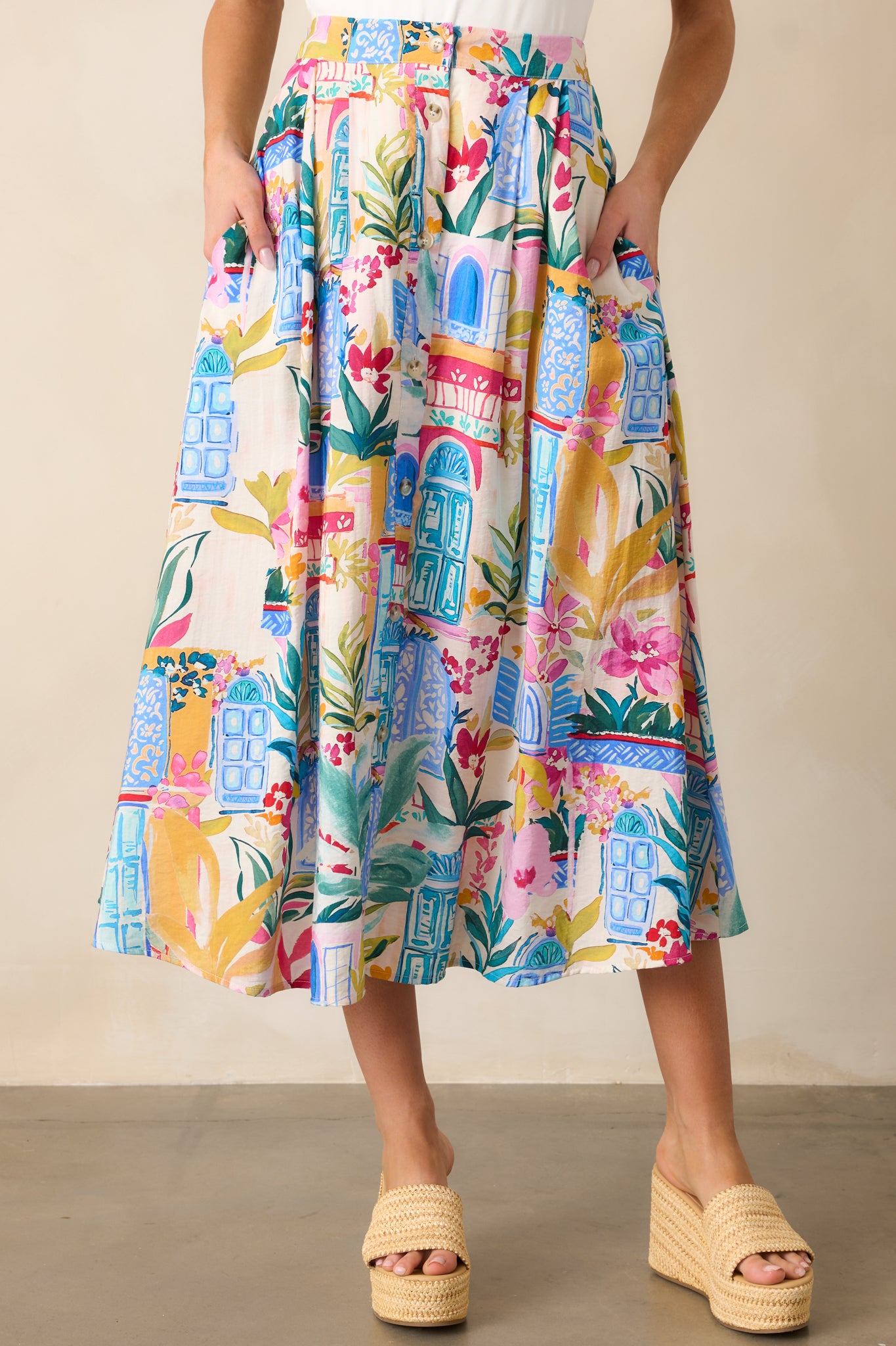 Sunday Stroll Blue Multi Tropical Print Midi Skirt