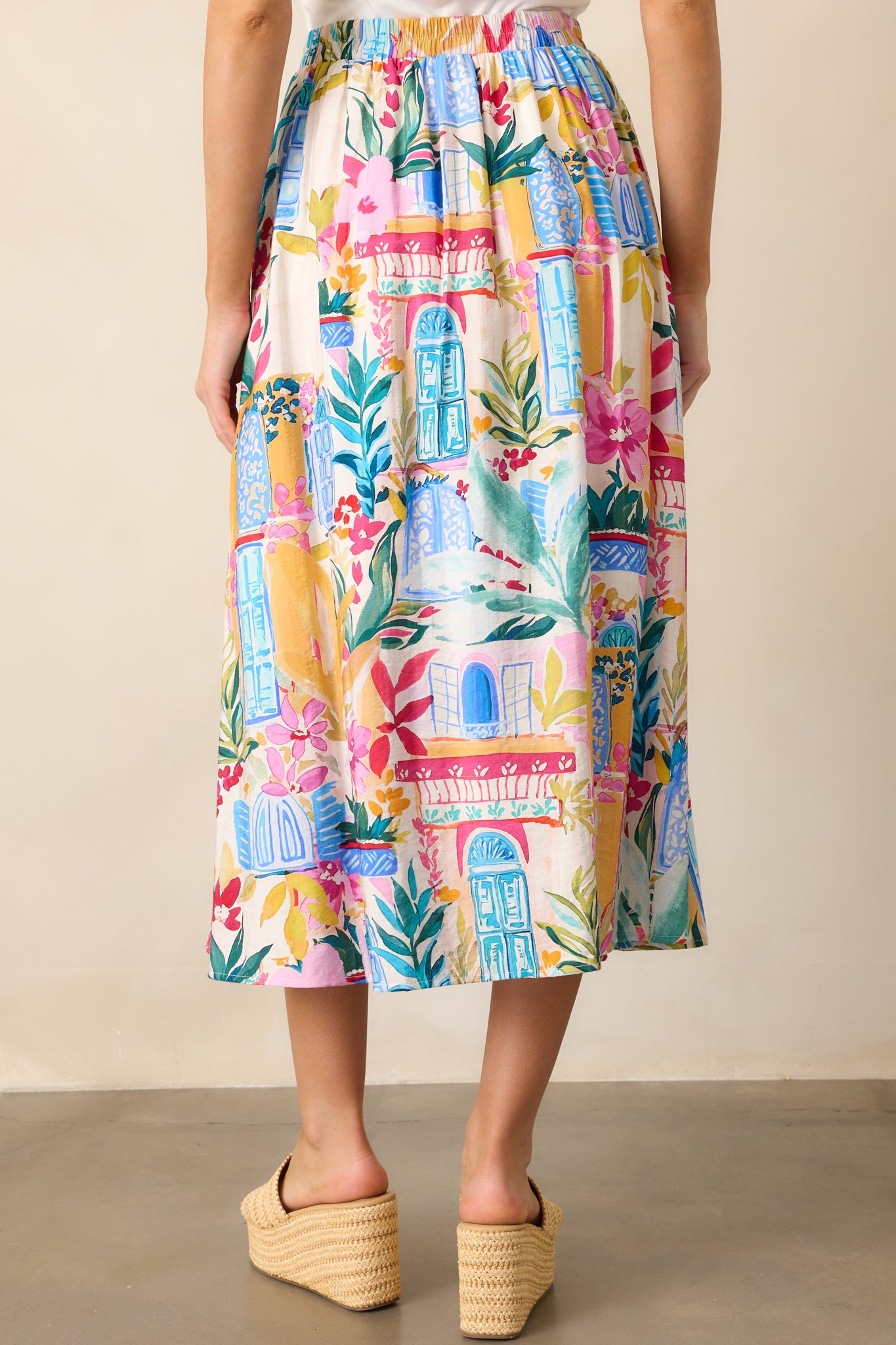 Sunday Stroll Blue Multi Tropical Print Midi Skirt