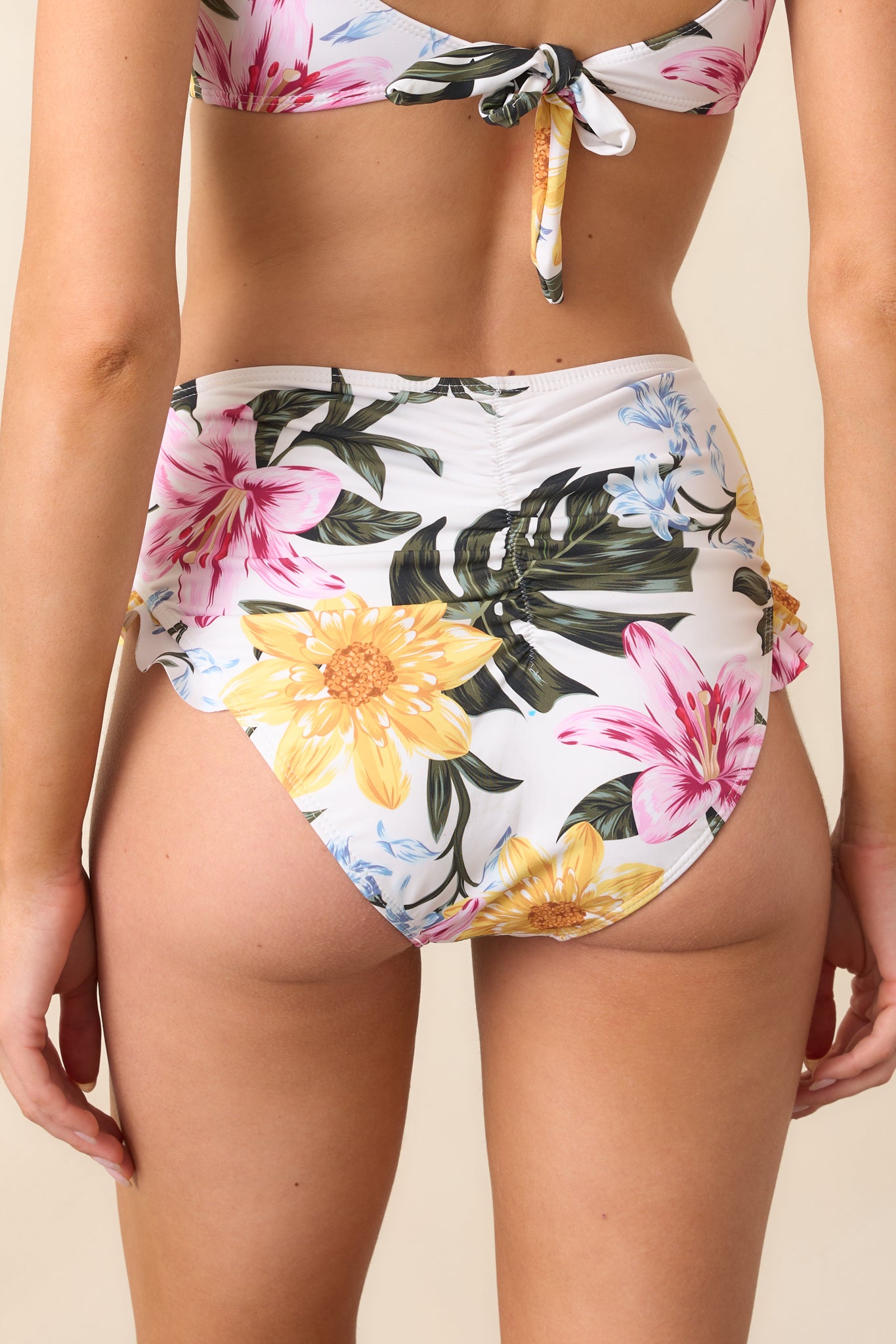 Sun Tanning Ivory Floral Frill Bikini Bottoms